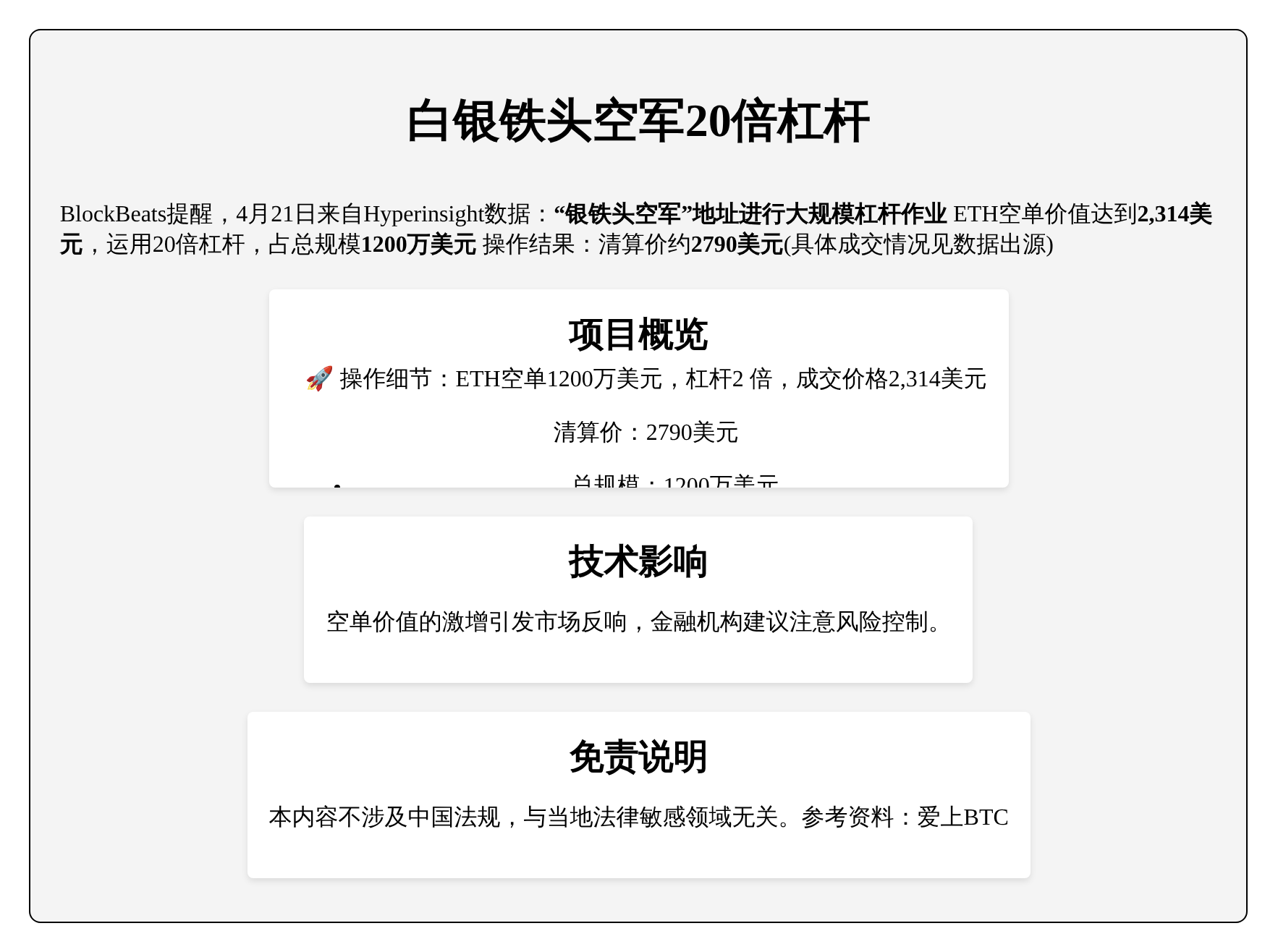 白银铁头空军20倍杠杆ETH空单1200万美元
