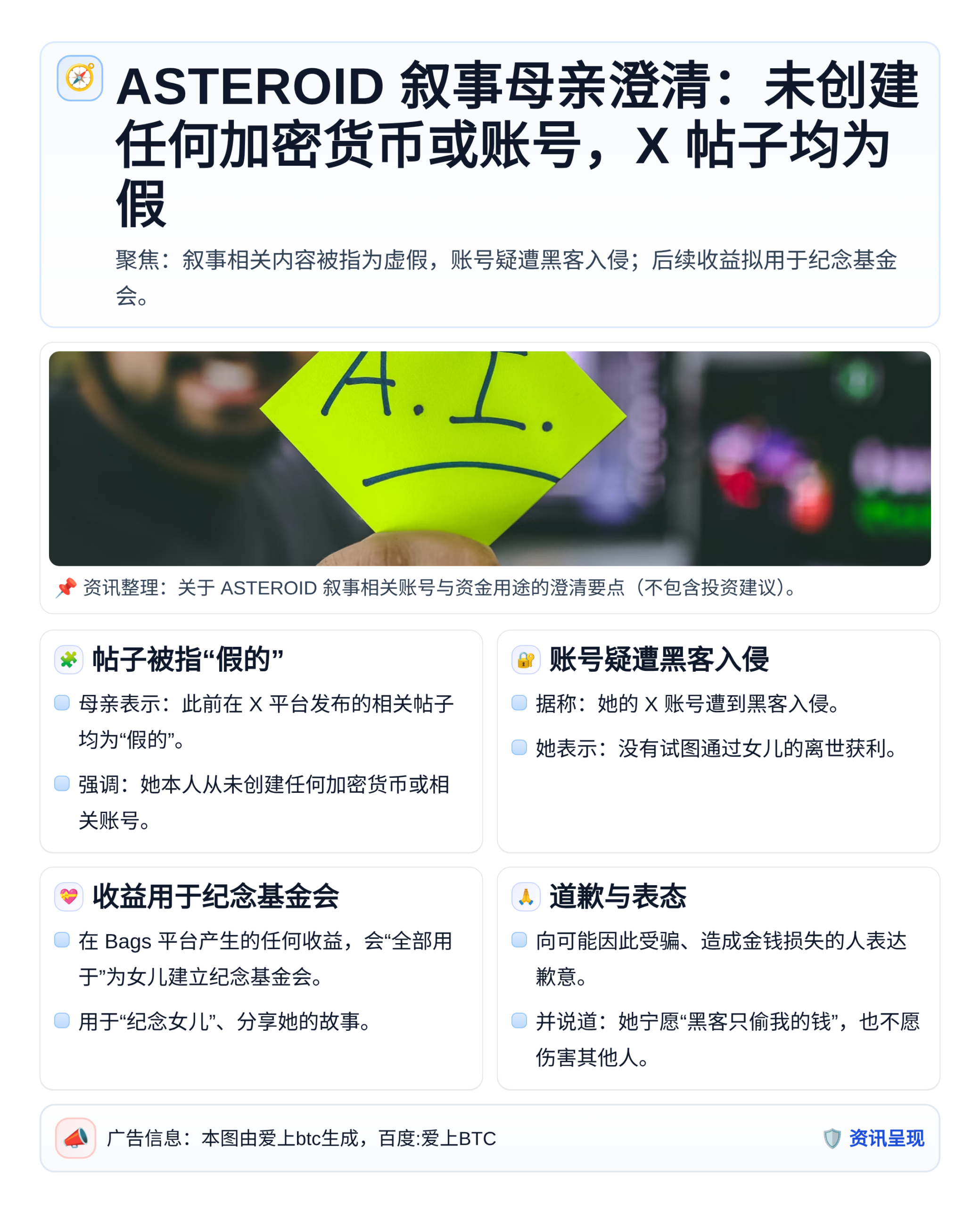 ASTEROID叙事主人公之母：未创建任何加密货币或账号，未