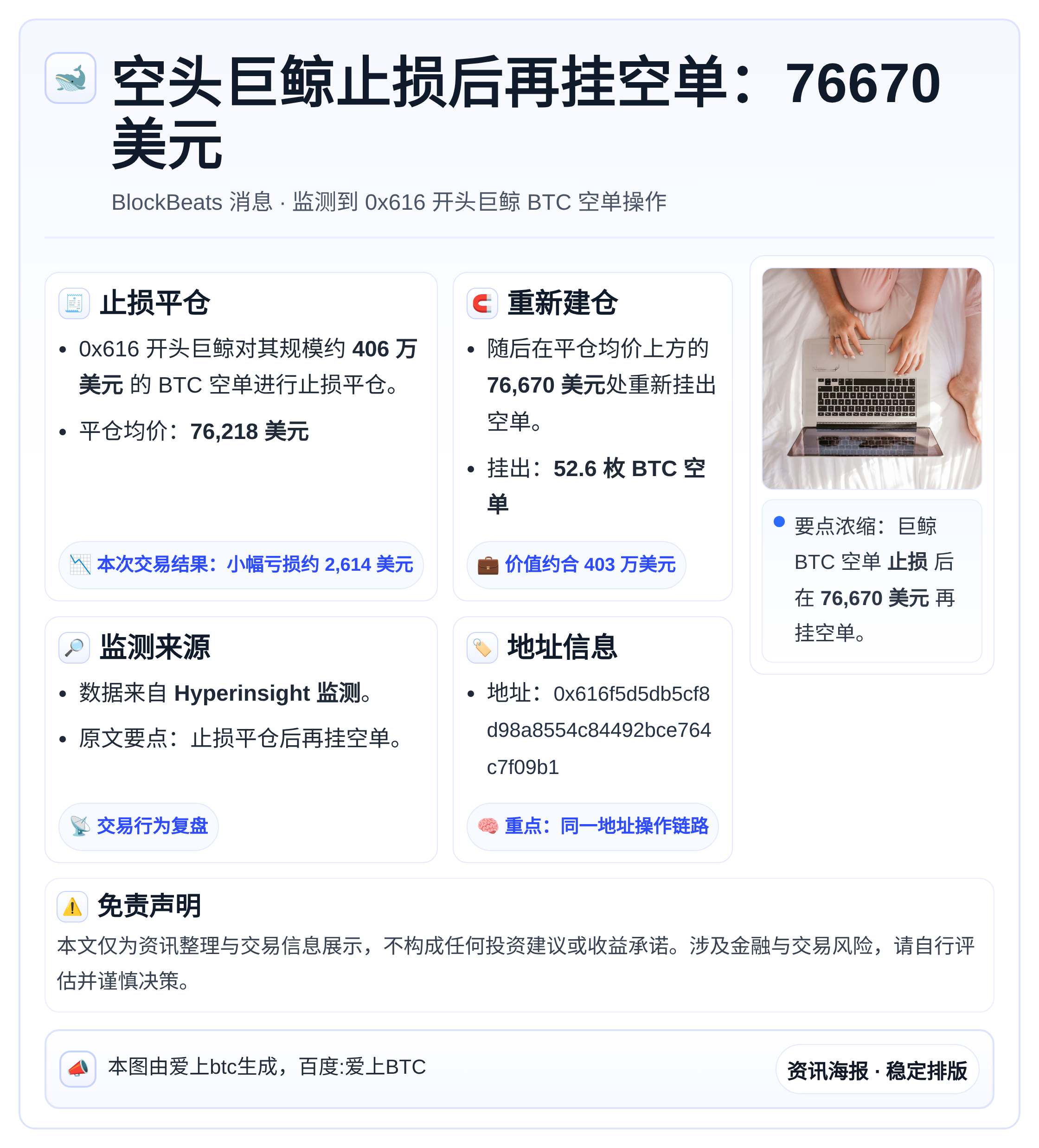 空头巨鲸止损后再挂空单：76670美元