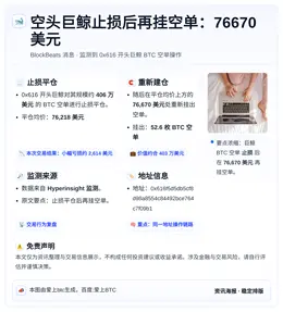 空头巨鲸止损后再挂空单：76670美元