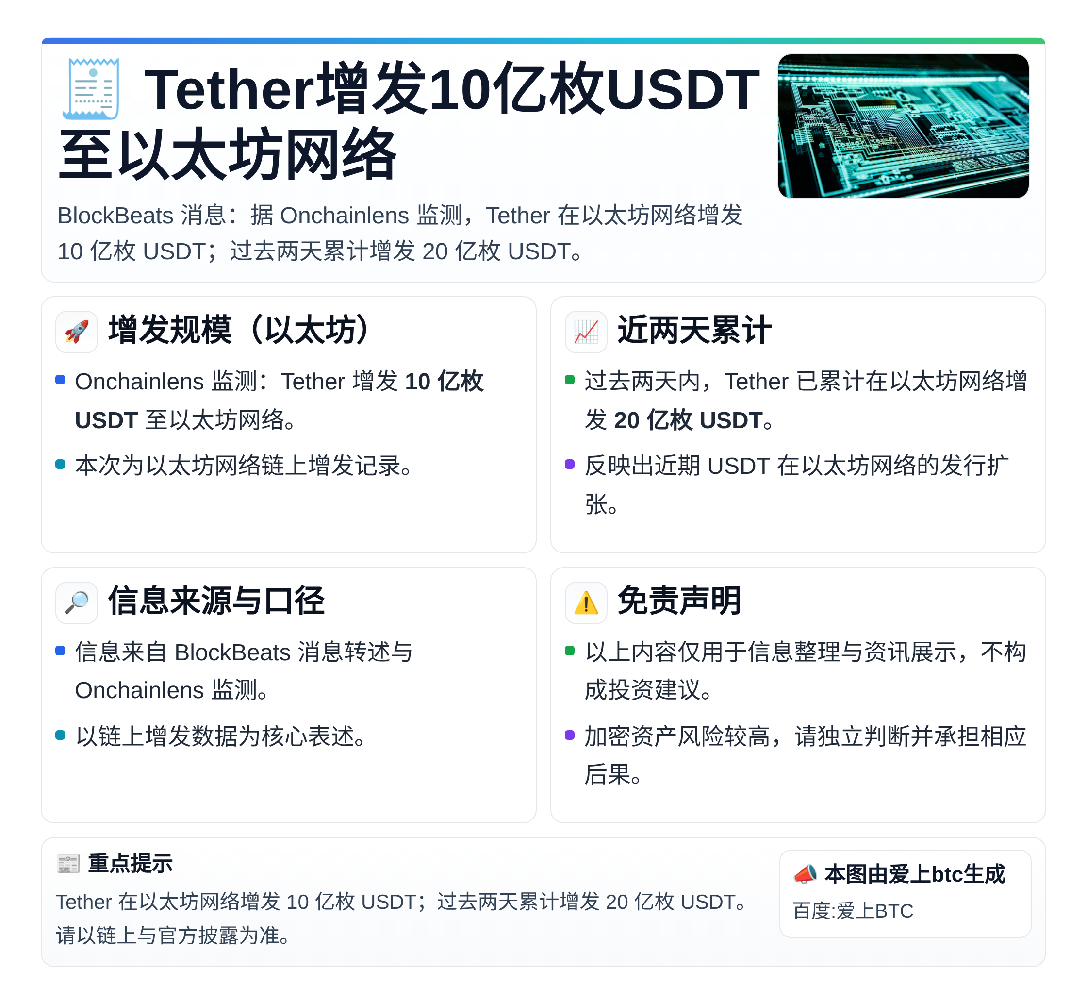 Tether增发10亿枚USDT至以太坊网络