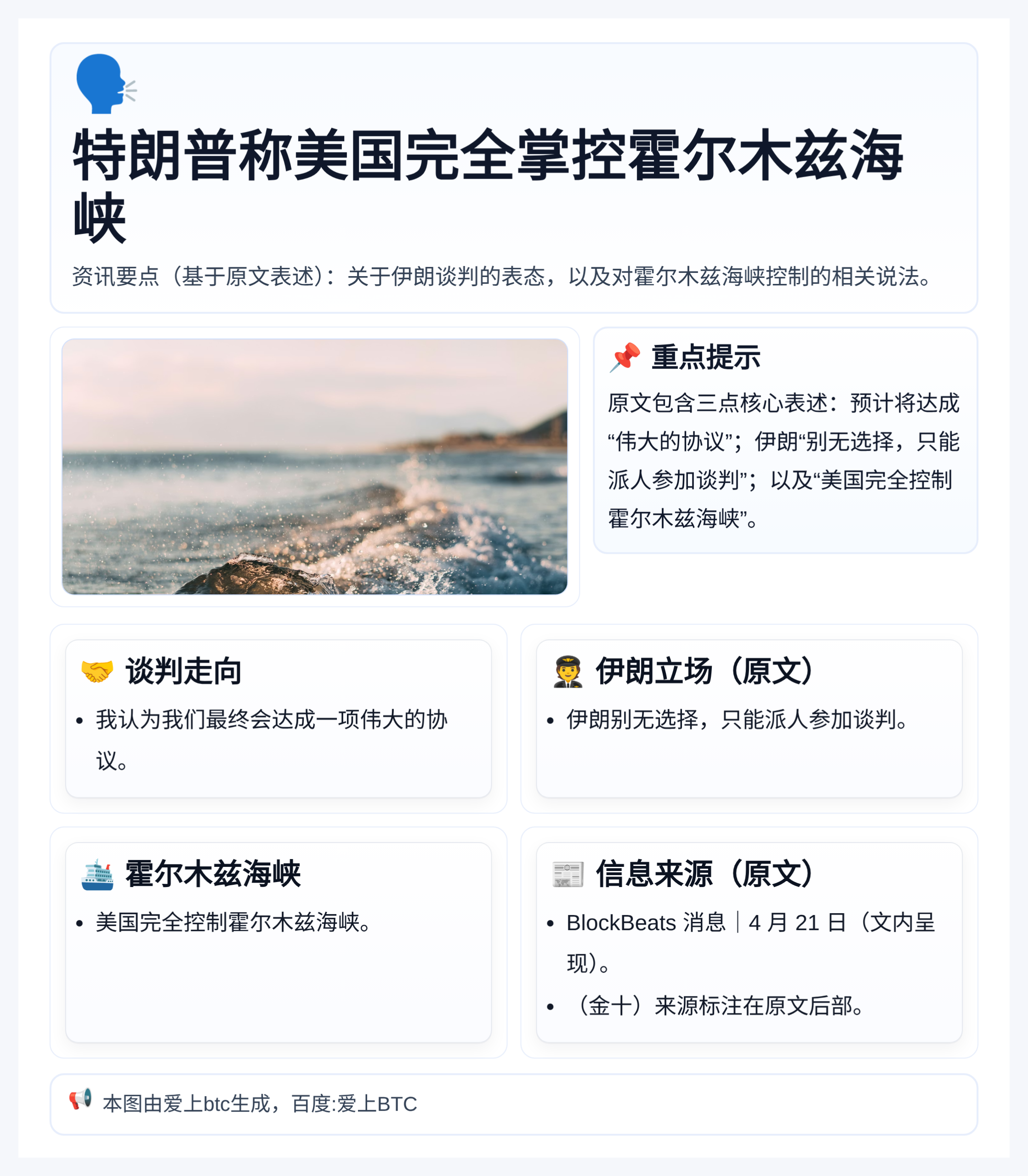 特朗普称美国完全掌控霍尔木兹海峡