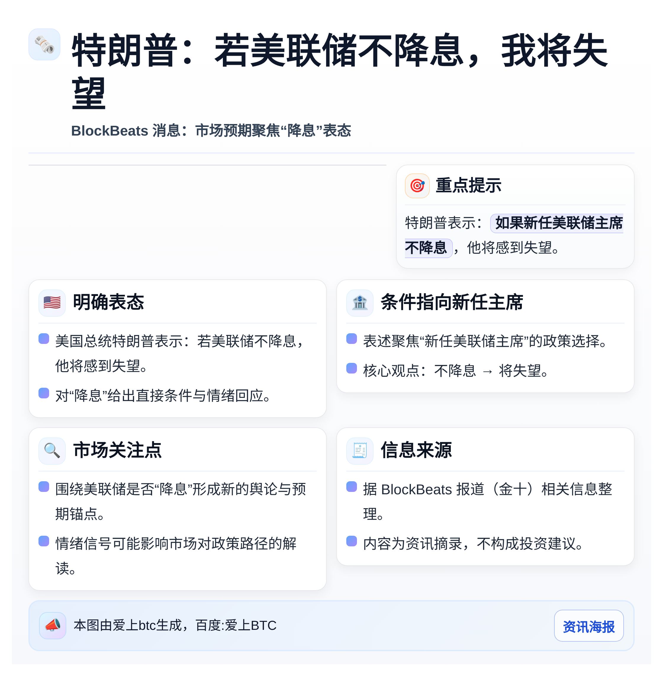 特朗普：若美联储不降息，我将失望
