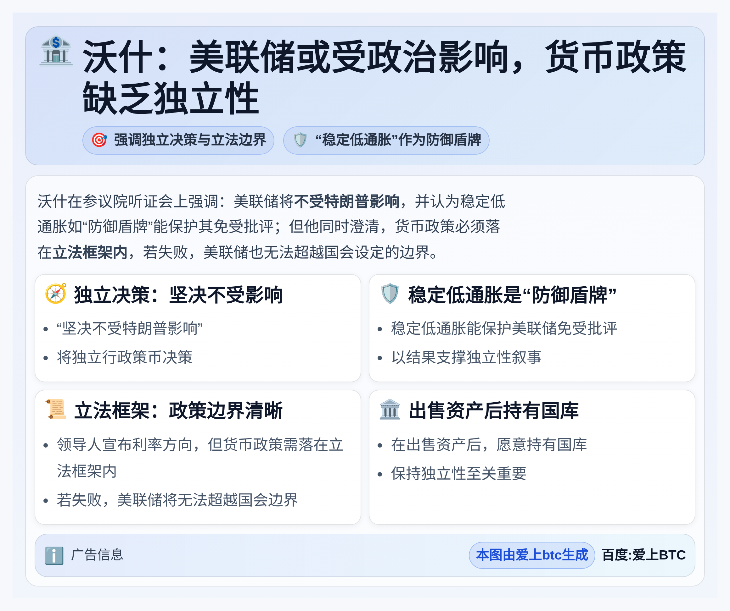 沃什：美联储或受政治影响，货币政策缺乏独立性