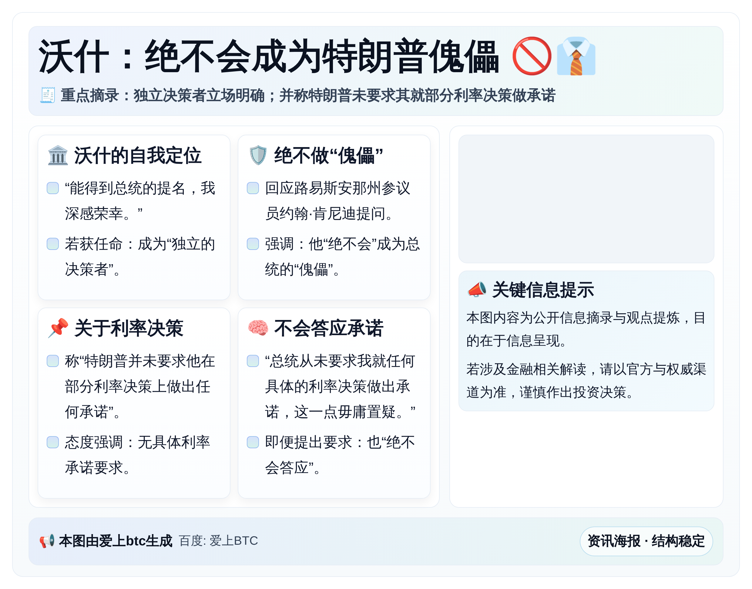 沃什：绝不会成为特朗普傀儡