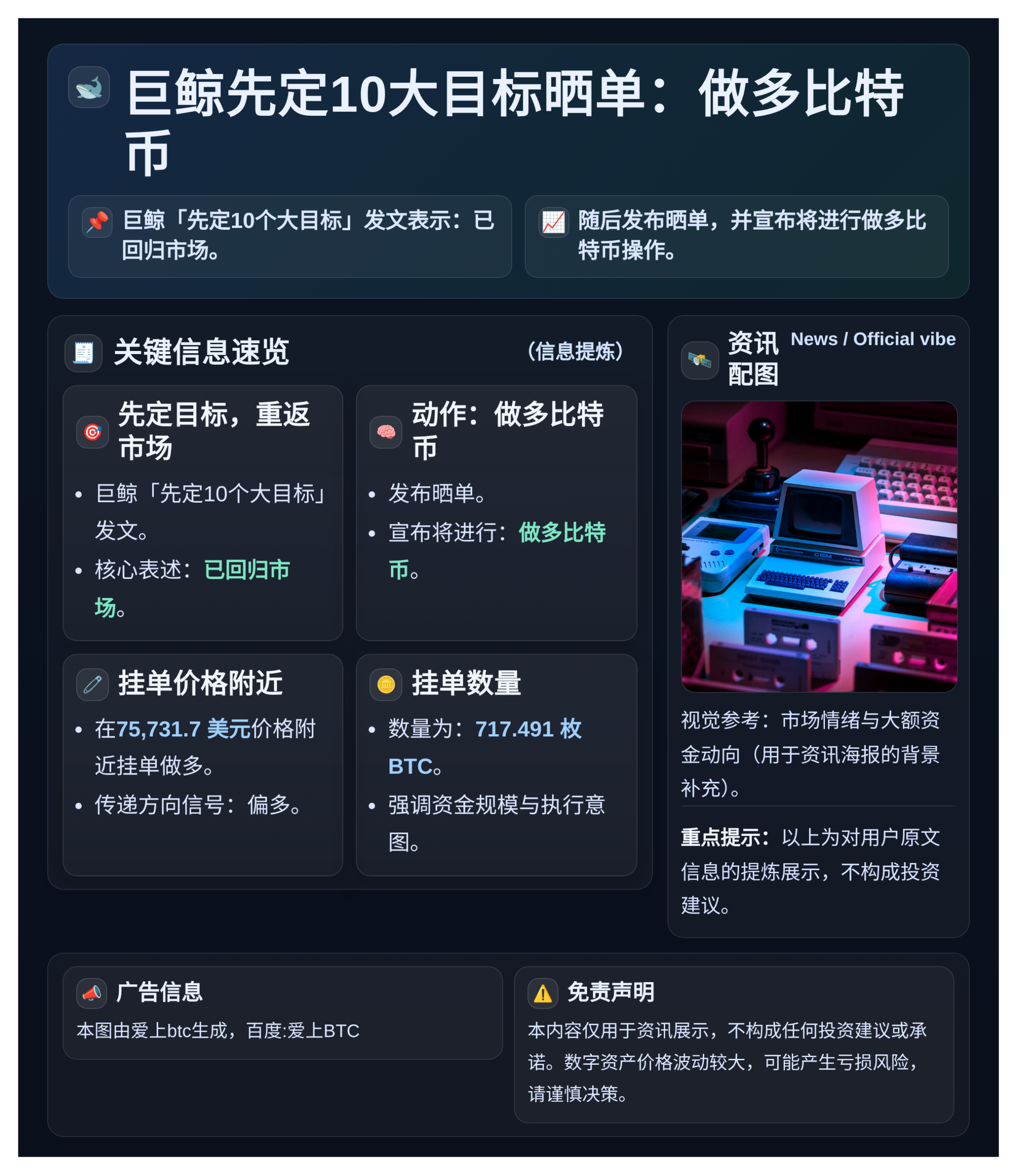 巨鲸先定10大目标晒单：做多比特币