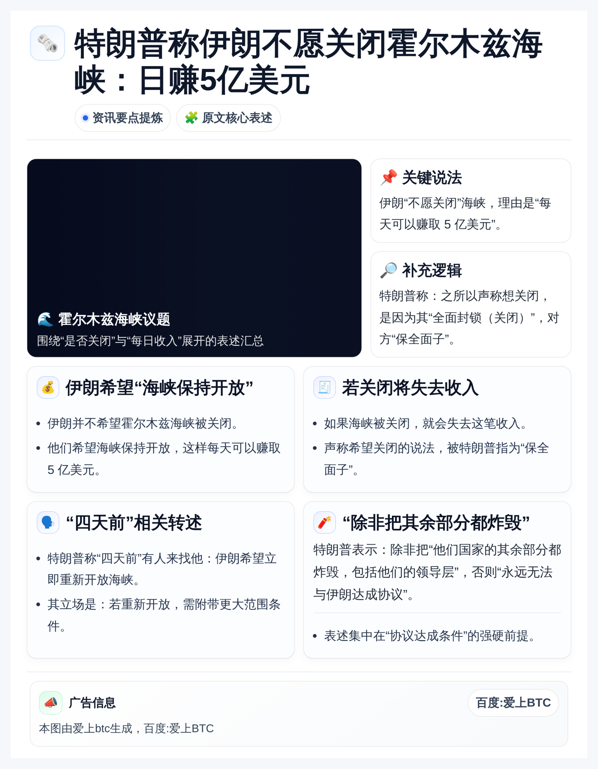 特朗普称伊朗不愿关闭霍尔木兹海峡：日赚5亿美元