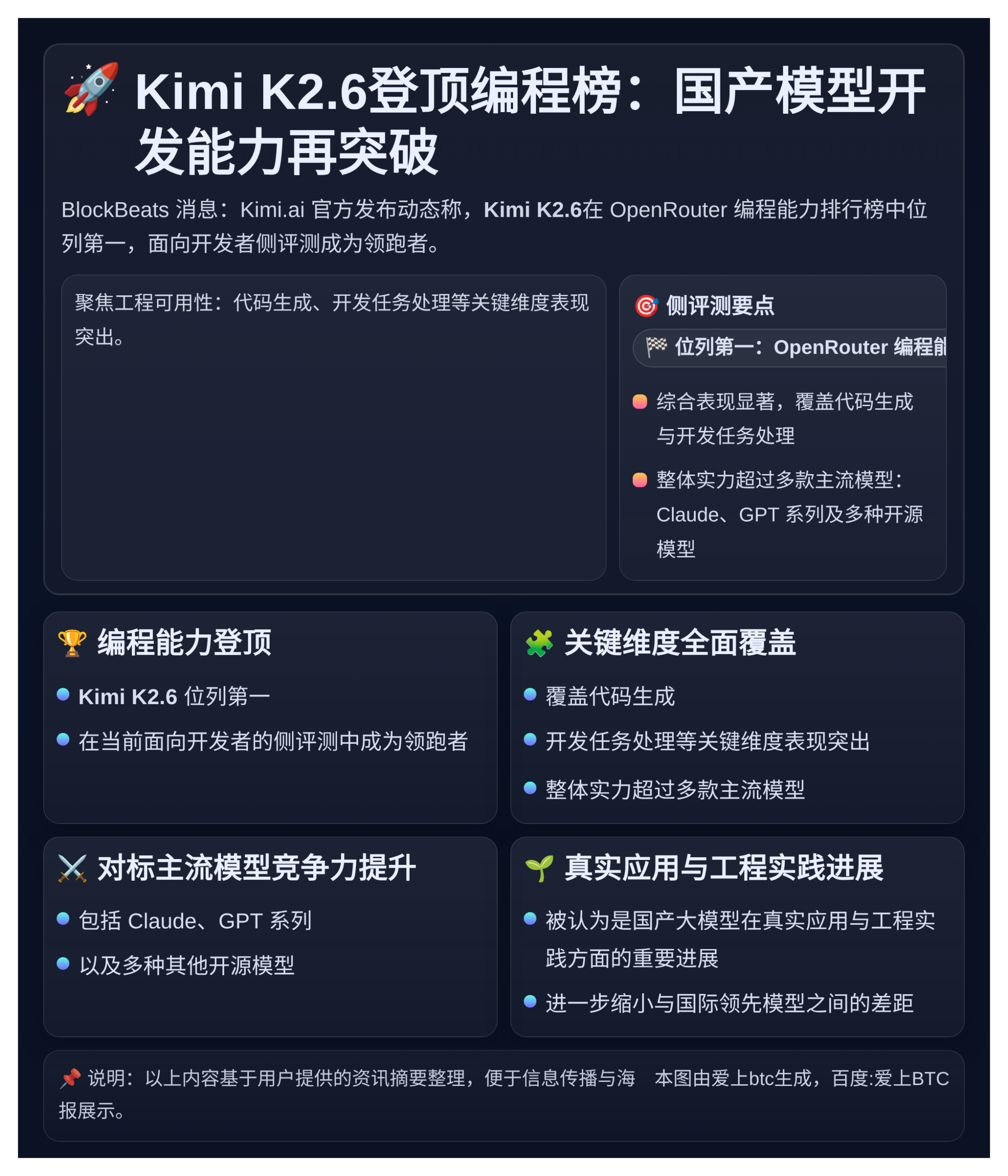 Kimi K2.6登顶编程榜：国产模型开发能力再突破