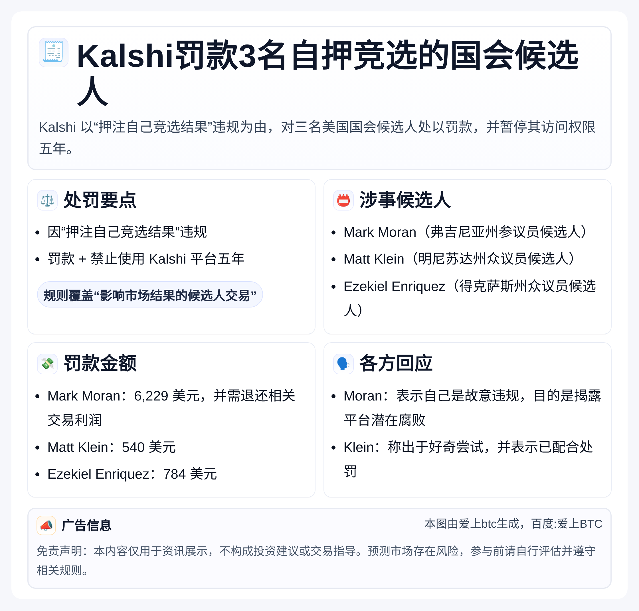Kalshi罚款3名自押竞选的国会候选人