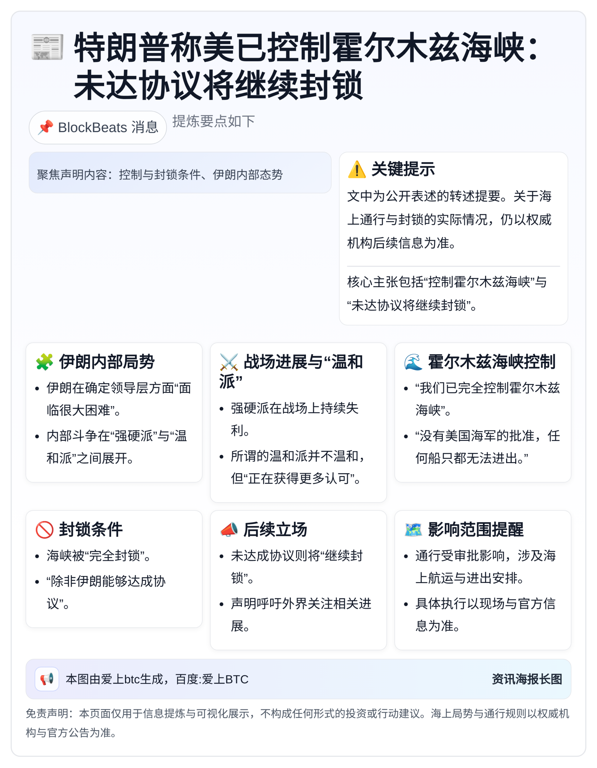 特朗普称美已控制霍尔木兹海峡：未达协议将继续封锁