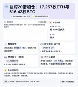 巨鲸20倍加仓：17,257枚ETH与516.42枚BTC