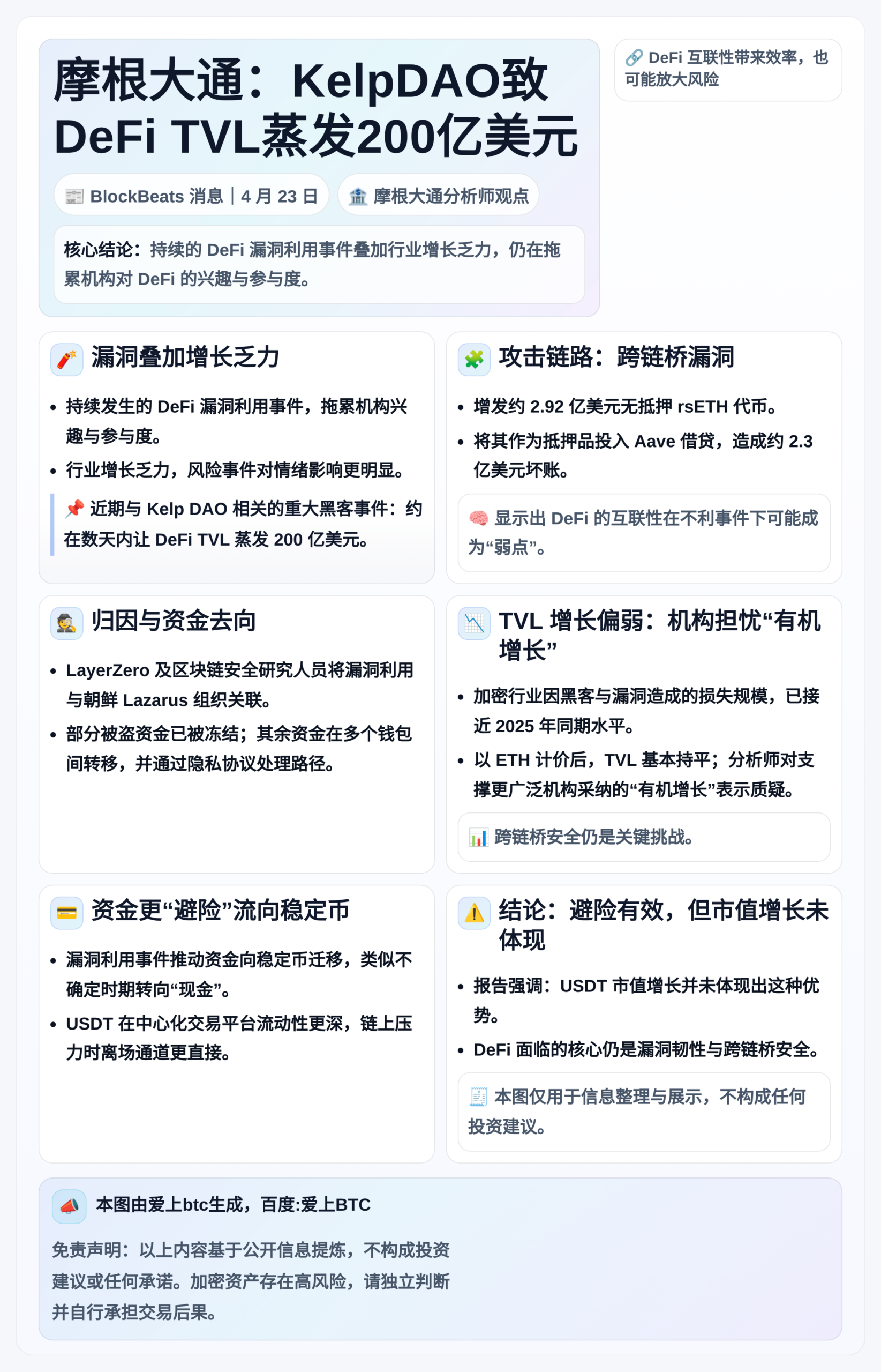 摩根大通：KelpDAO致DeFi TVL蒸发200亿美元，