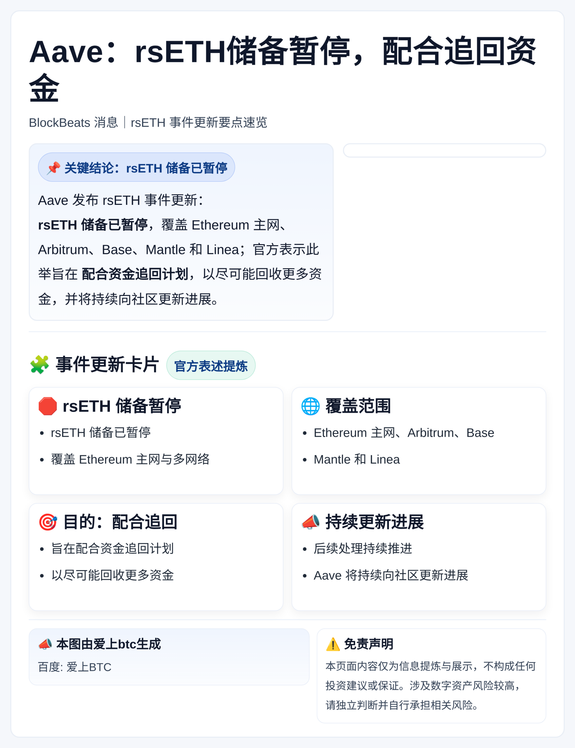 Aave：rsETH储备暂停，配合追回资金