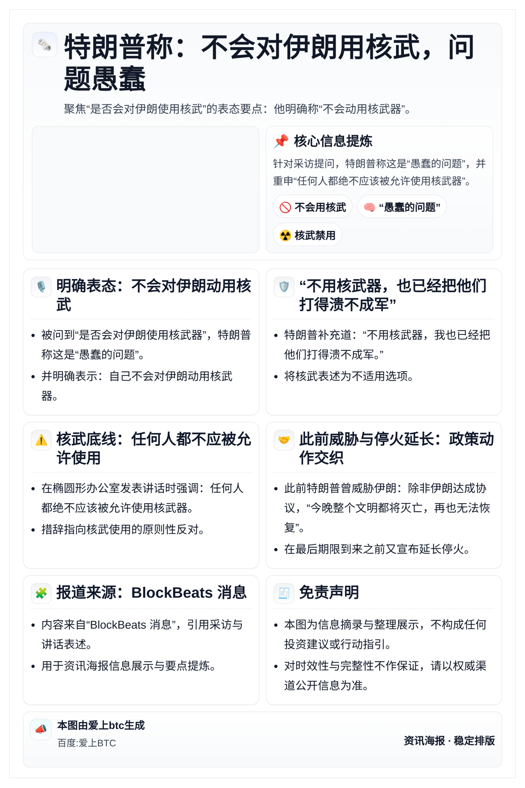 特朗普称：不会对伊朗用核武，问题愚蠢