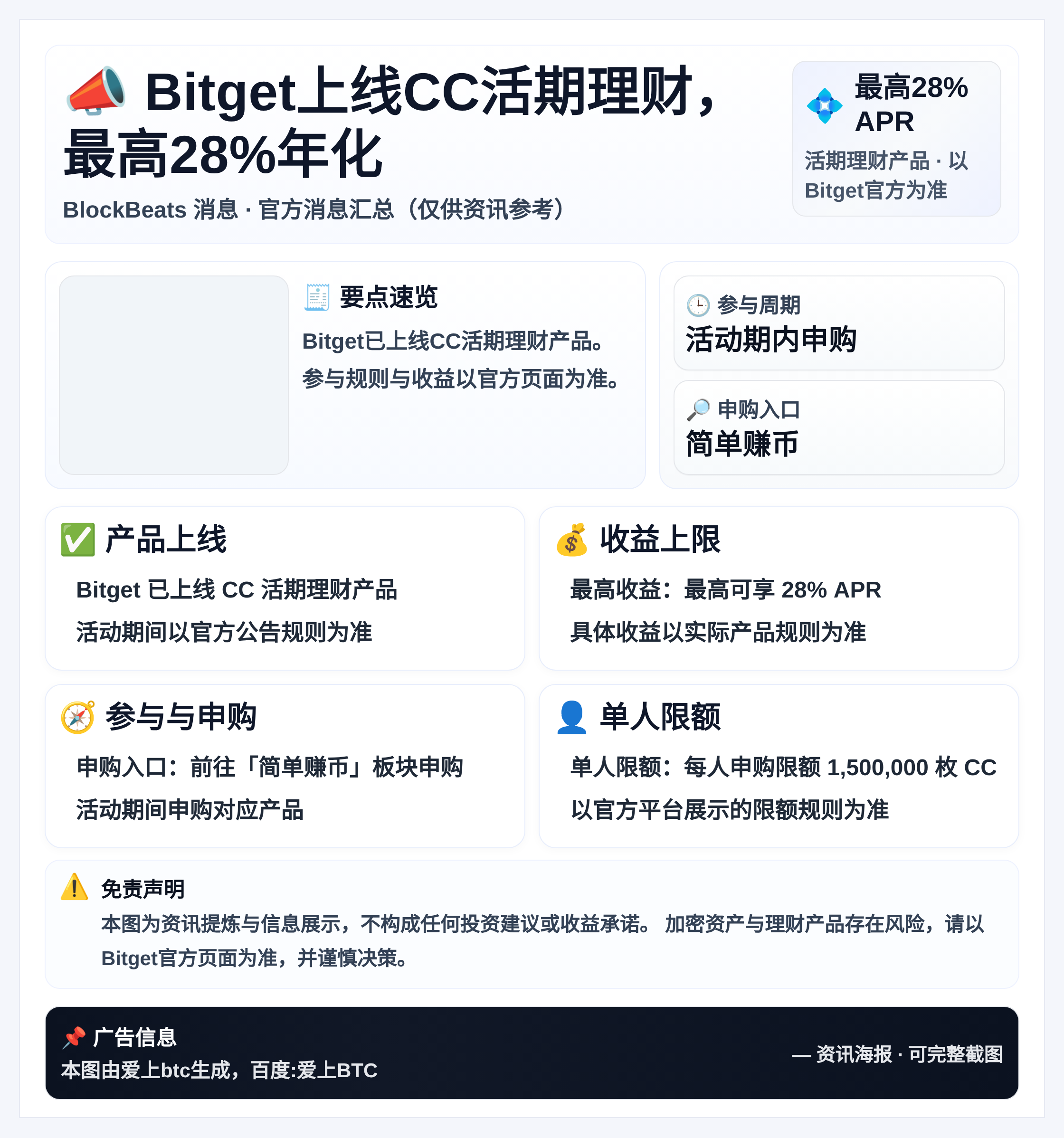 Bitget上线CC活期理财，最高28%年化
