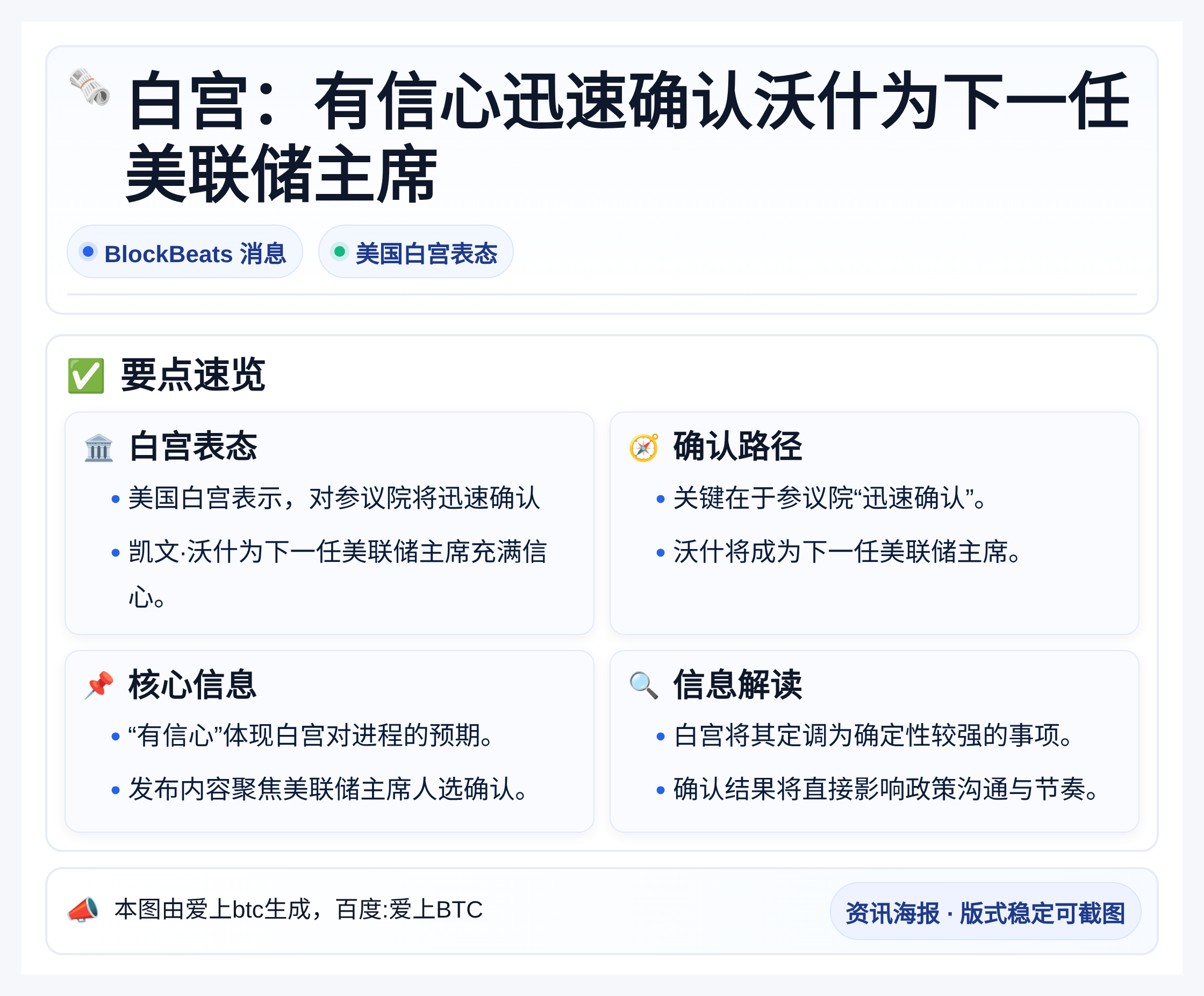 白宫：有信心迅速确认沃什为下一任美联储主席