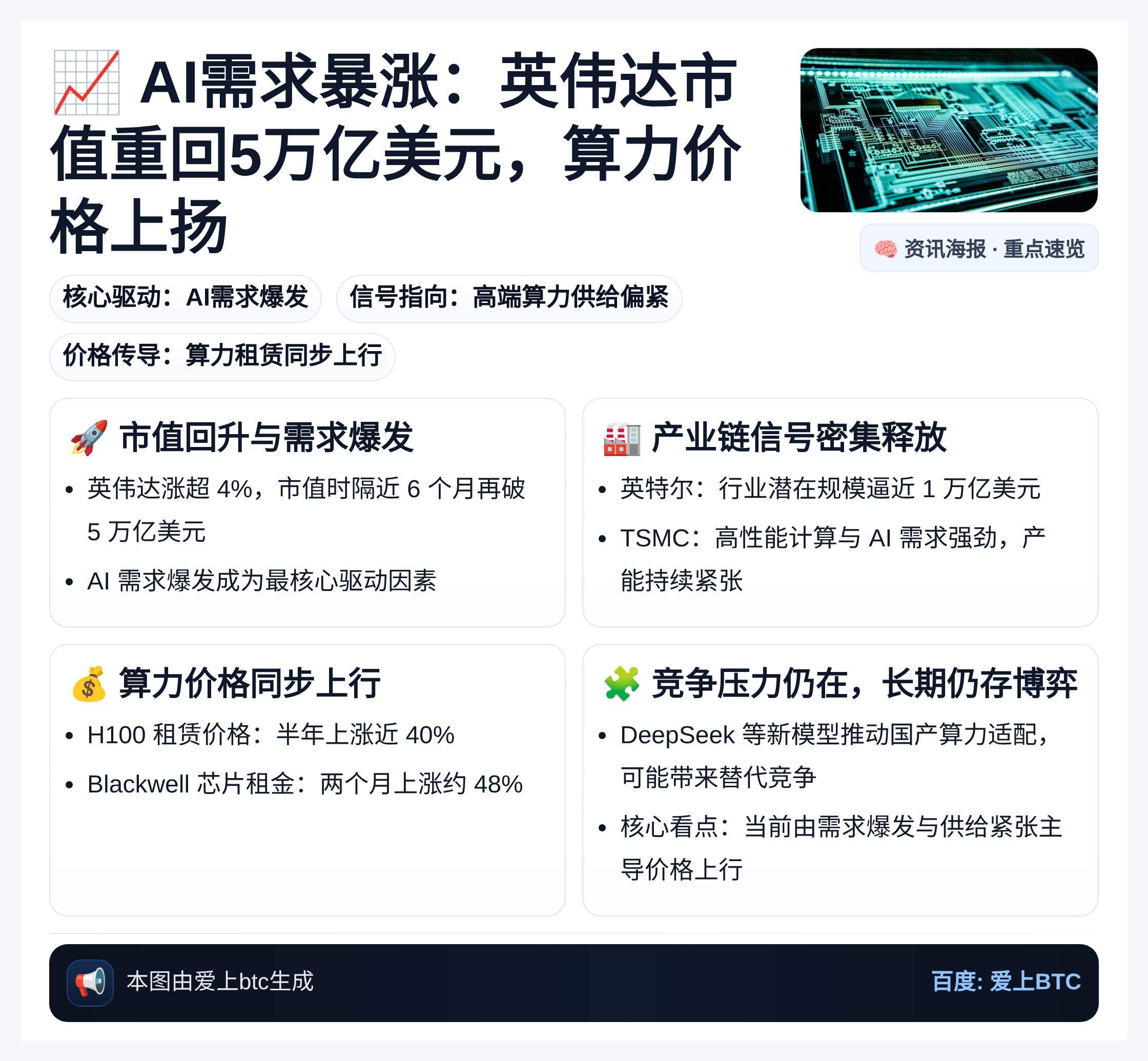 AI需求暴涨：英伟达市值重回5万亿美元，算力价格上扬