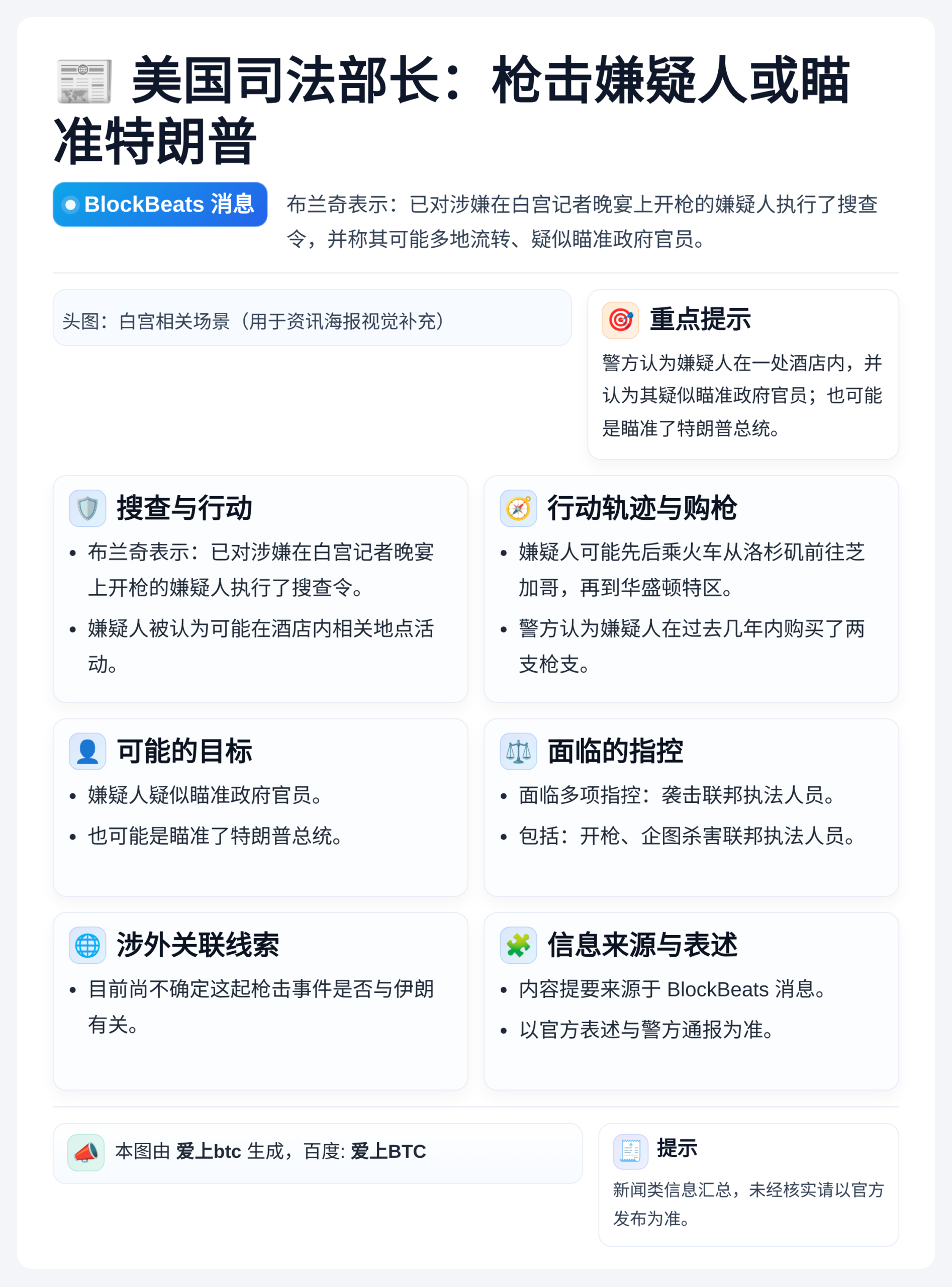 美国司法部长：枪击嫌疑人或瞄准特朗普