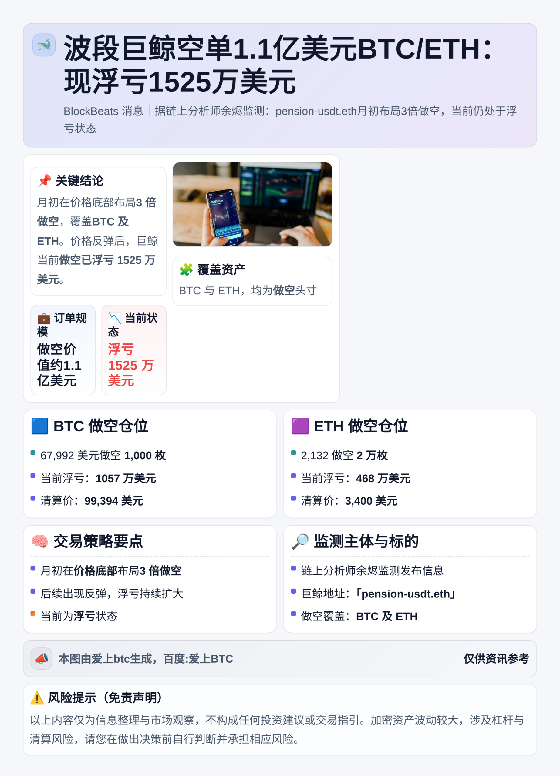 波段巨鲸空单1.1亿美元BTC/ETH：现浮亏1525万美元
