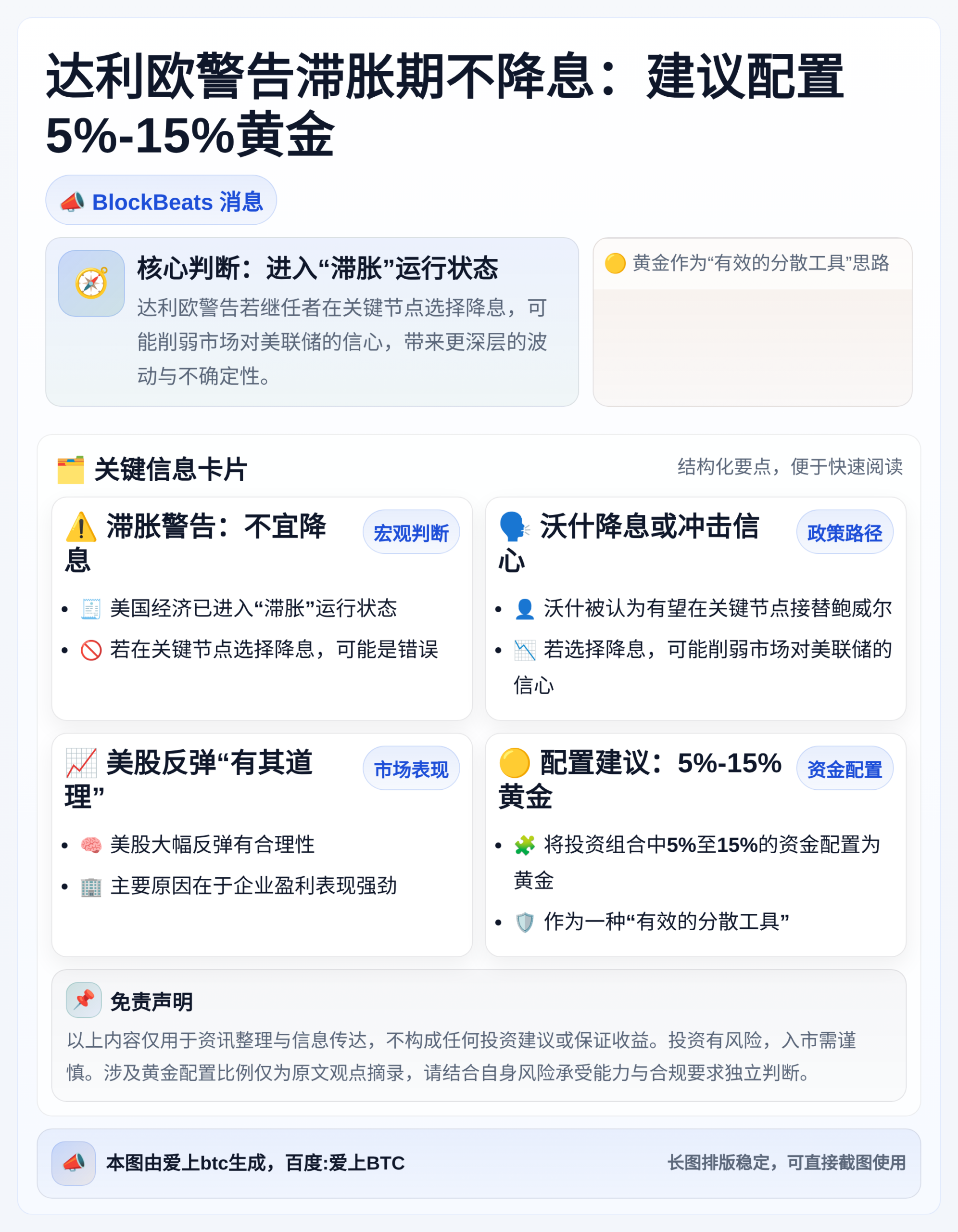 达利欧警告滞胀期不降息：建议配置5%-15%黄金