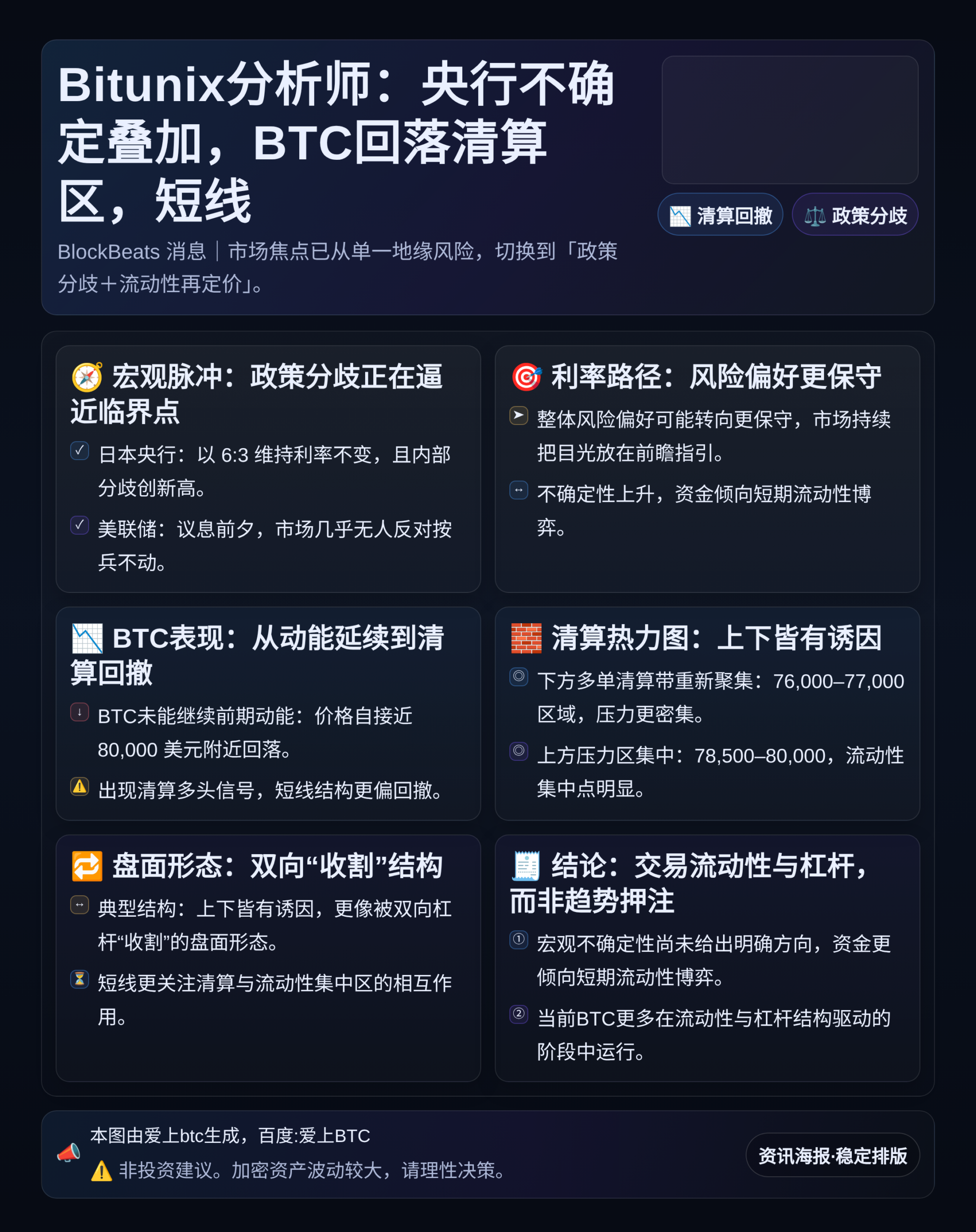 Bitunix分析师：央行不确定叠加，BTC回落清算区，短线