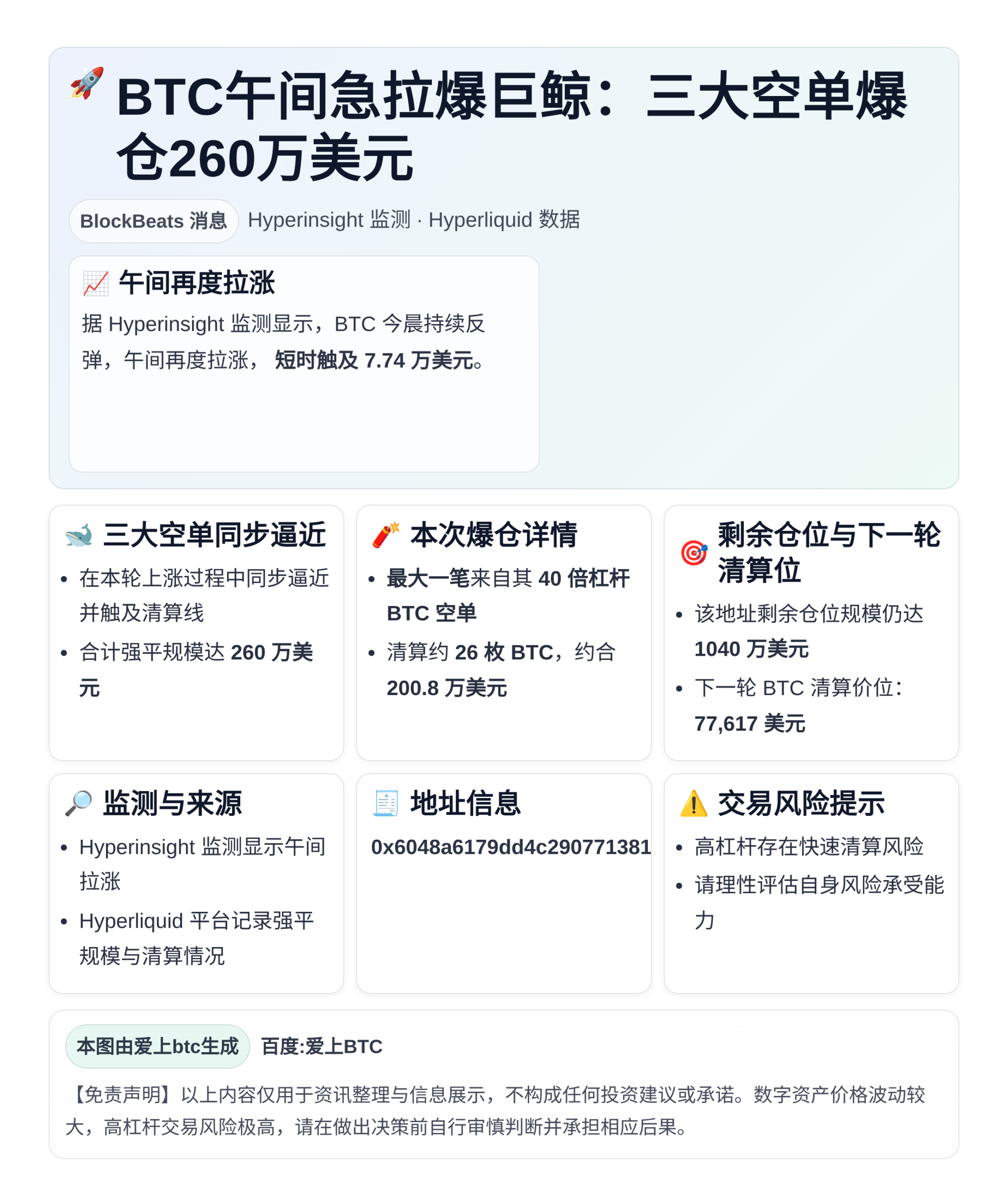 BTC午间急拉爆巨鲸：三大空单爆仓260万美元