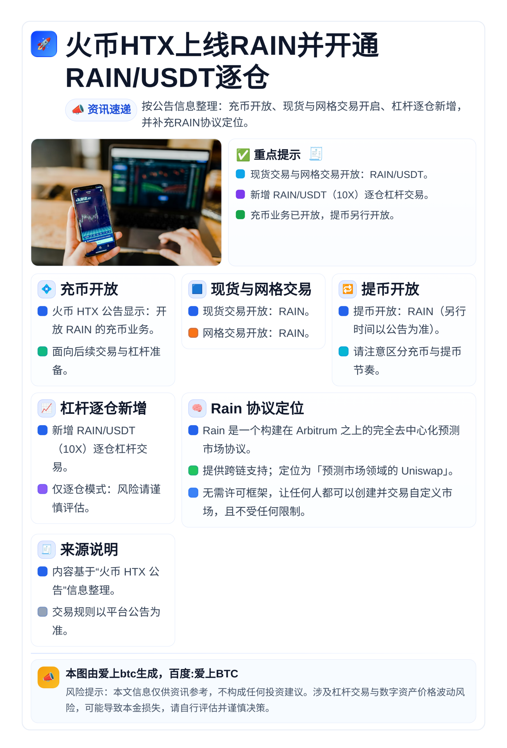 火币HTX今晚20点上线RAIN并开通RAIN/USDT逐仓
