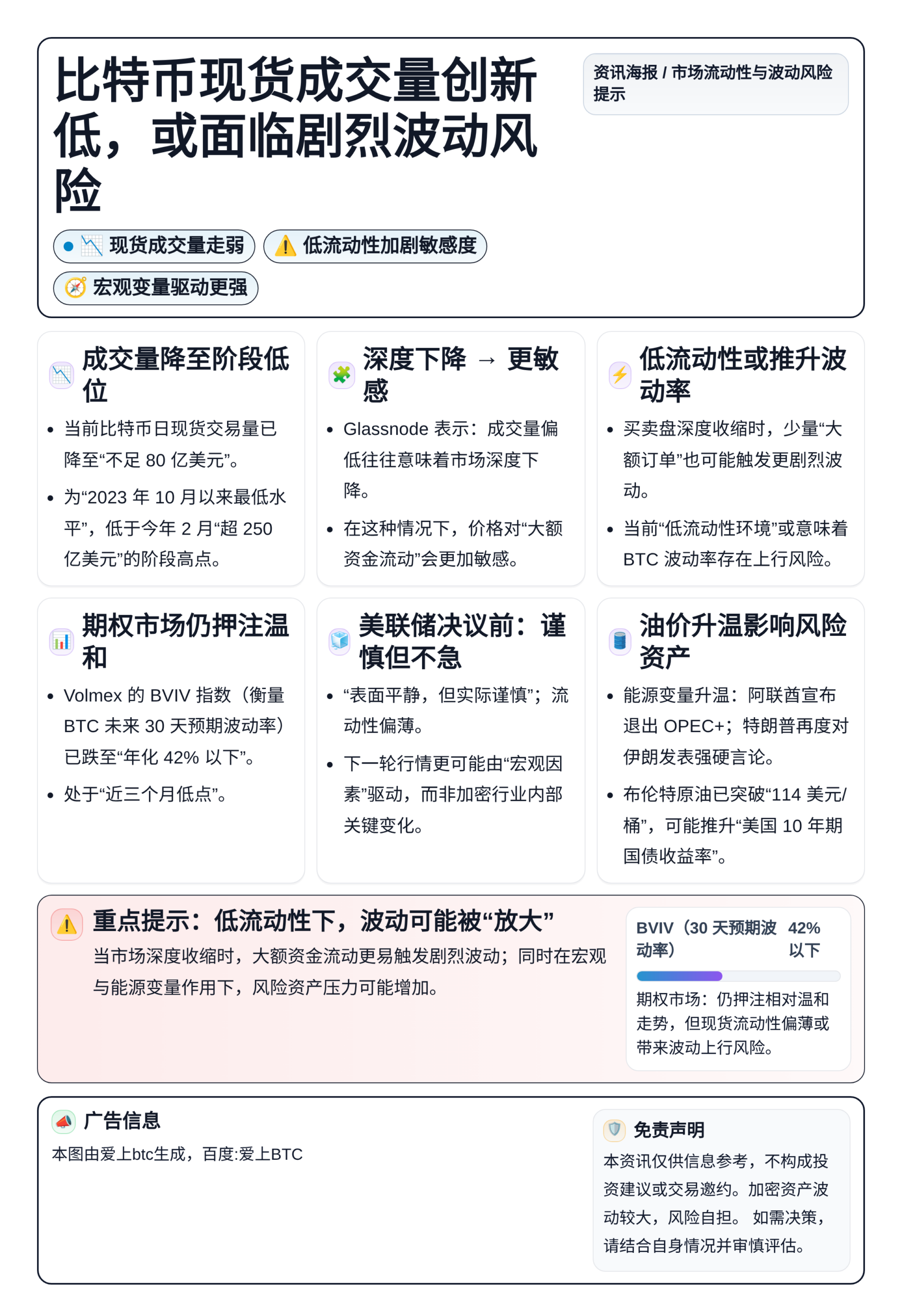 比特币现货成交量创新低，或面临剧烈波动风险