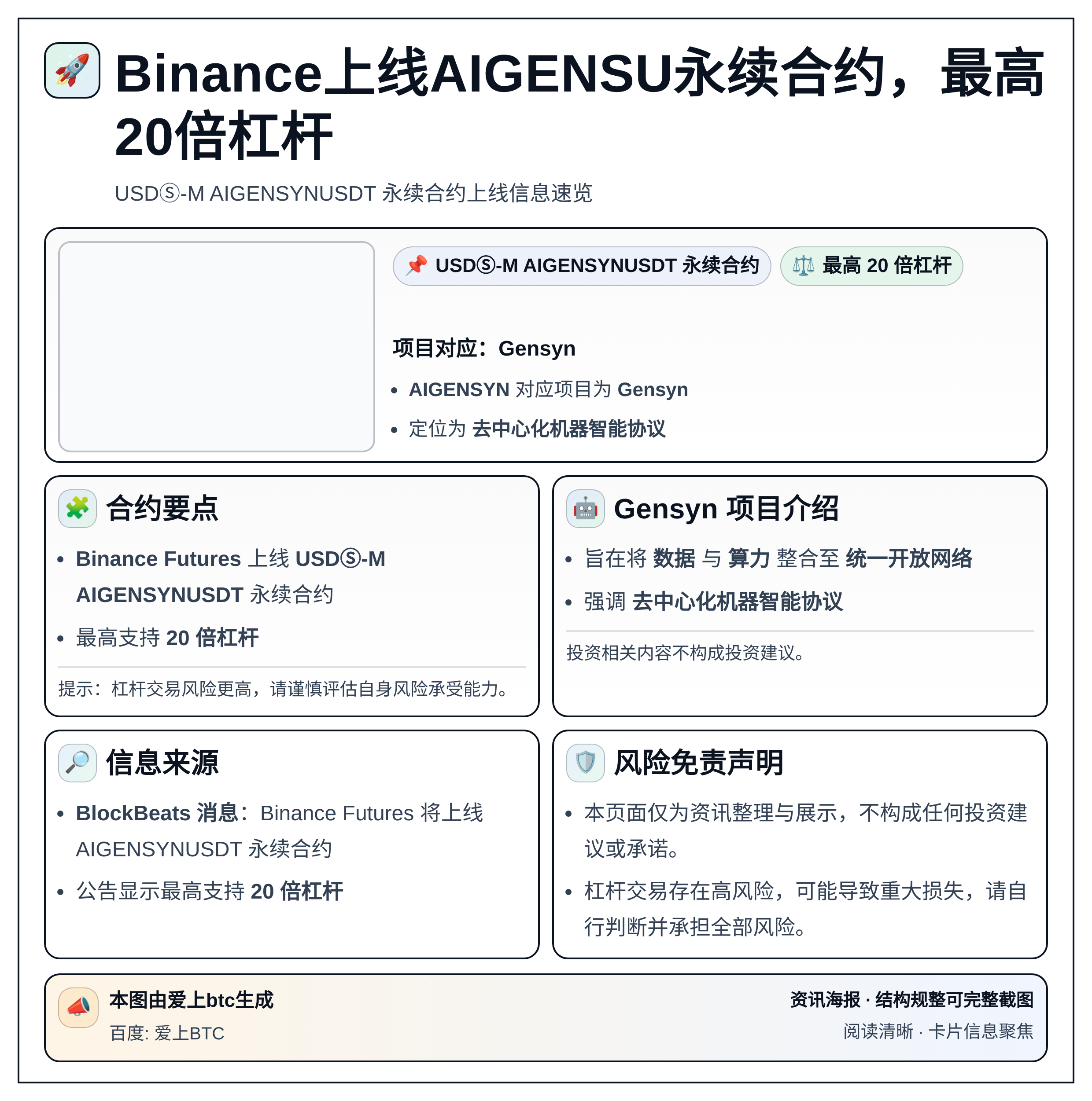 Binance上线AIGENSU永续合约，最高20倍杠杆