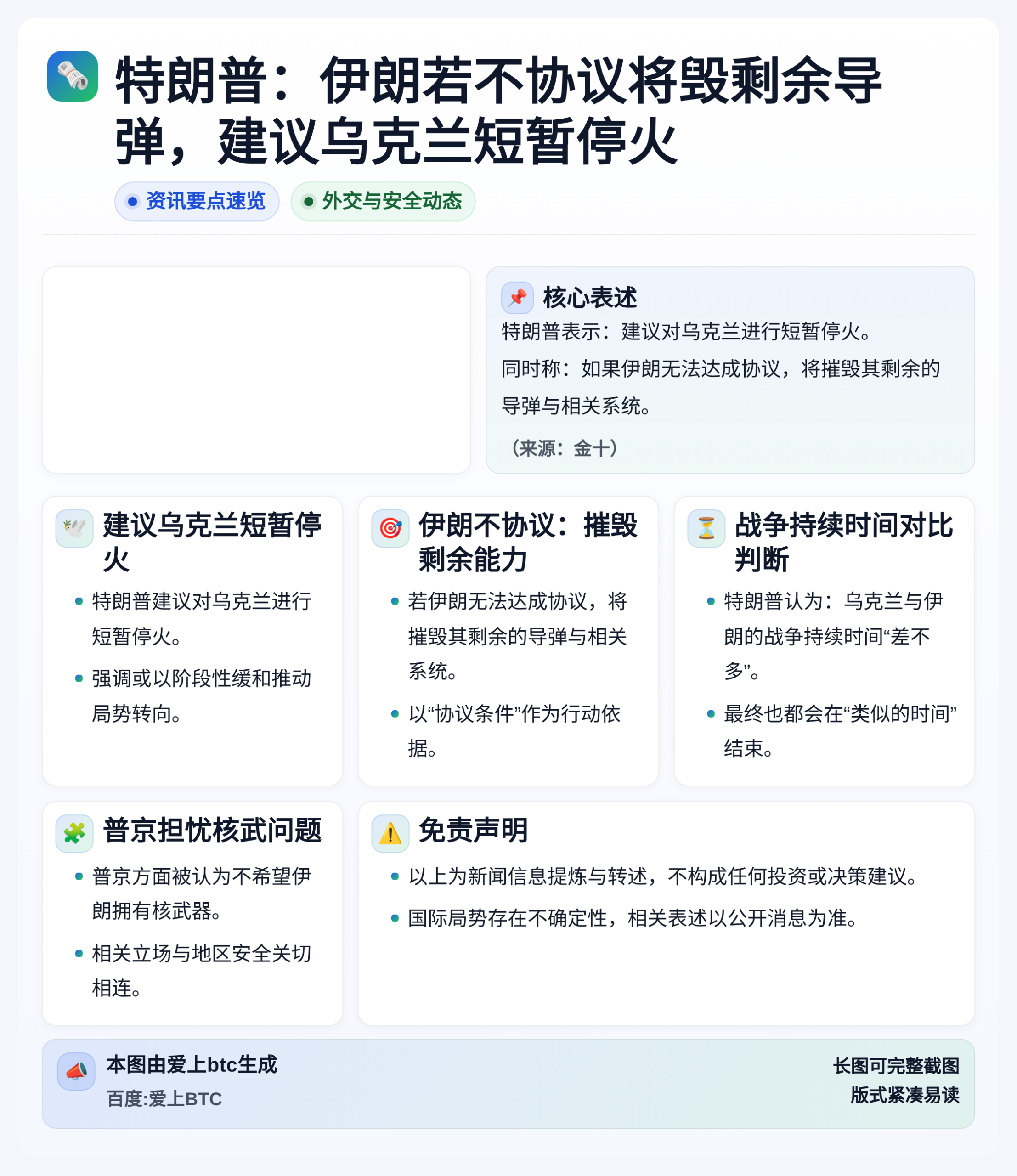 特朗普：伊朗若不协议将毁剩余导弹，建议乌克兰短暂停火