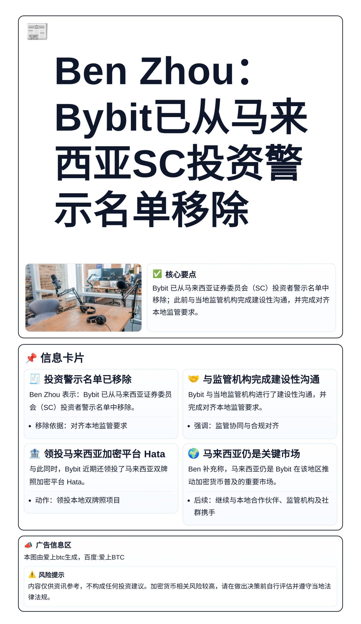 Ben Zhou：Bybit已从马来西亚SC投资警示名单移除