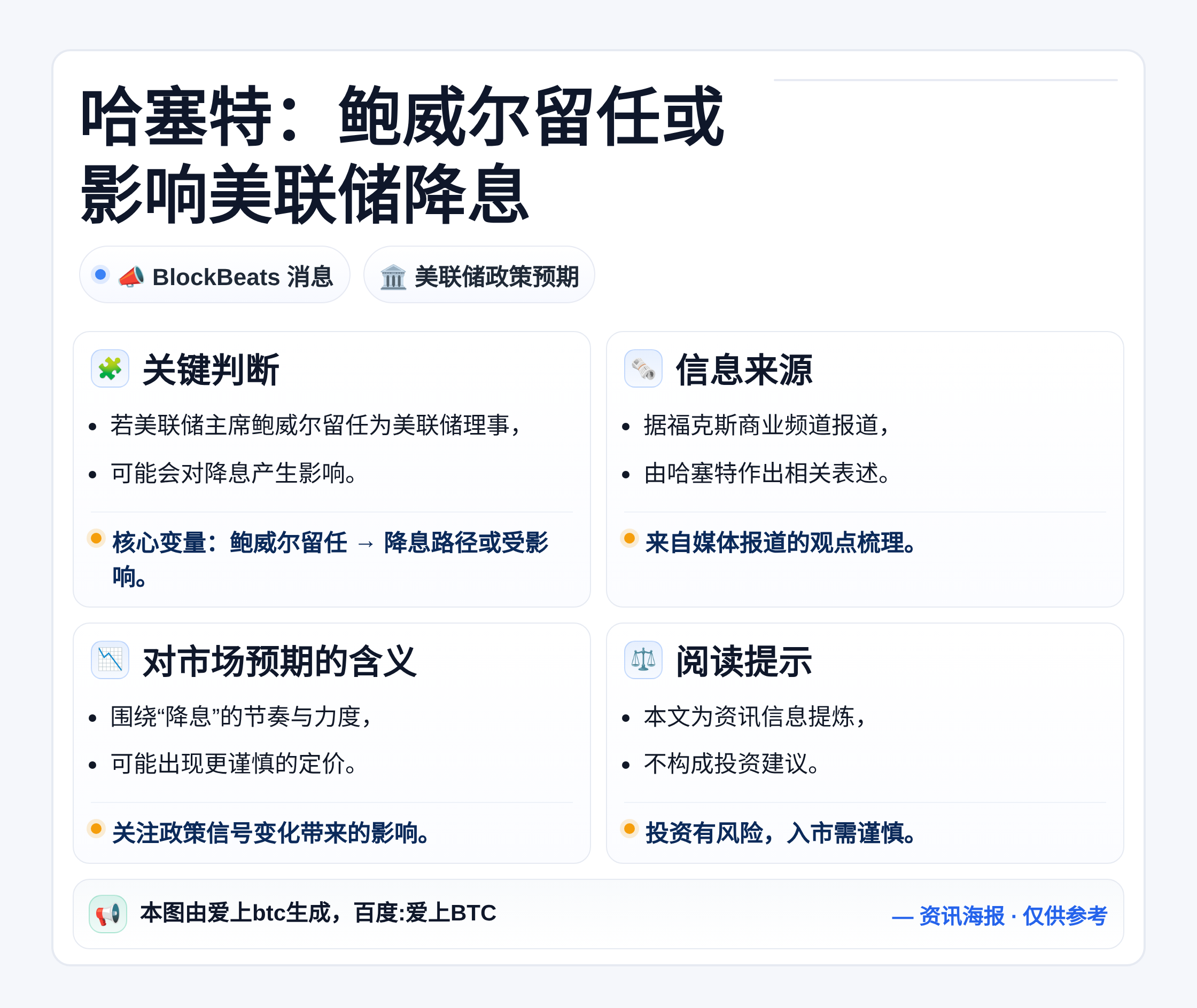 哈塞特：鲍威尔留任或影响美联储降息