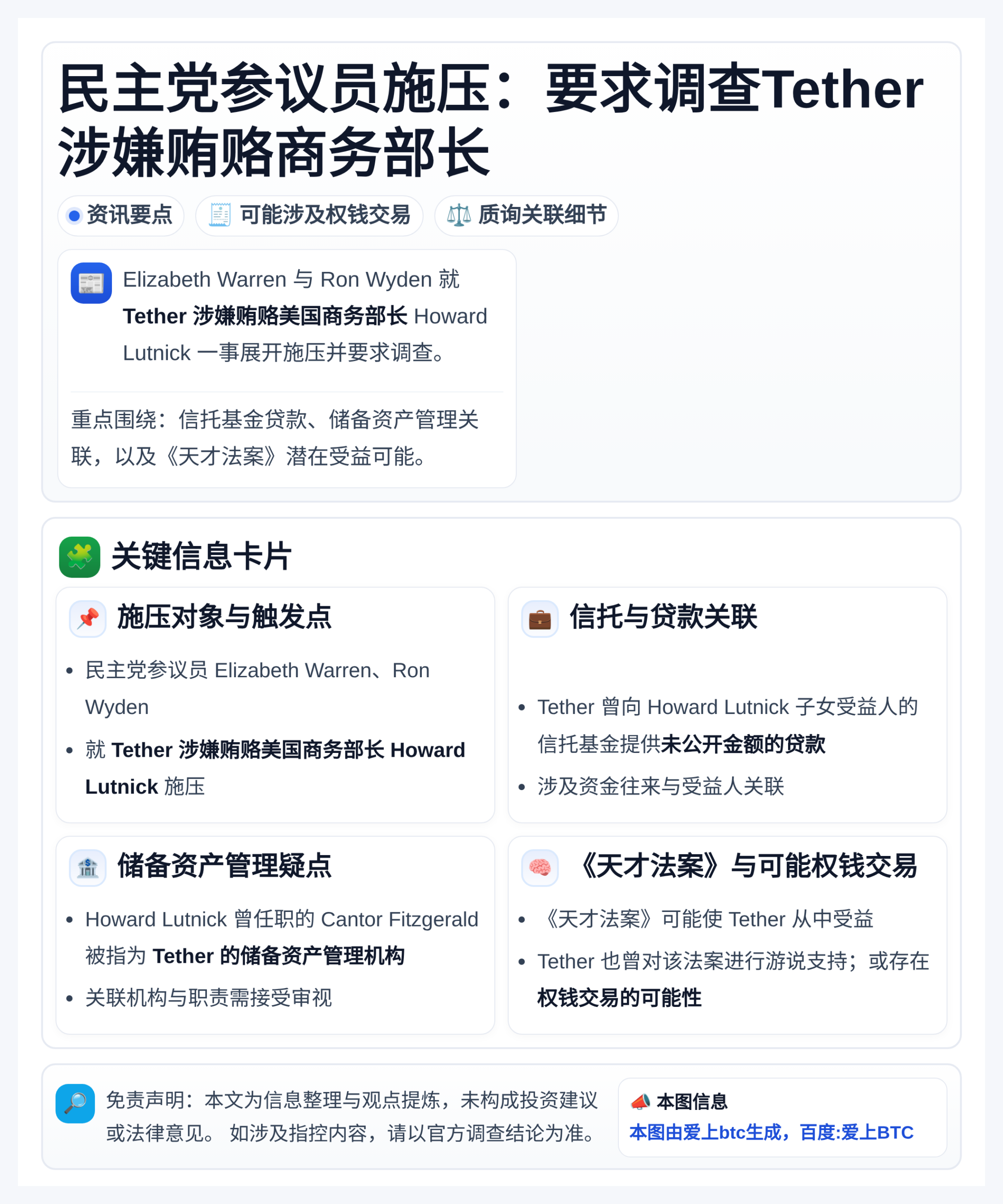 民主党参议员施压：要求调查Tether涉嫌贿赂商务部长