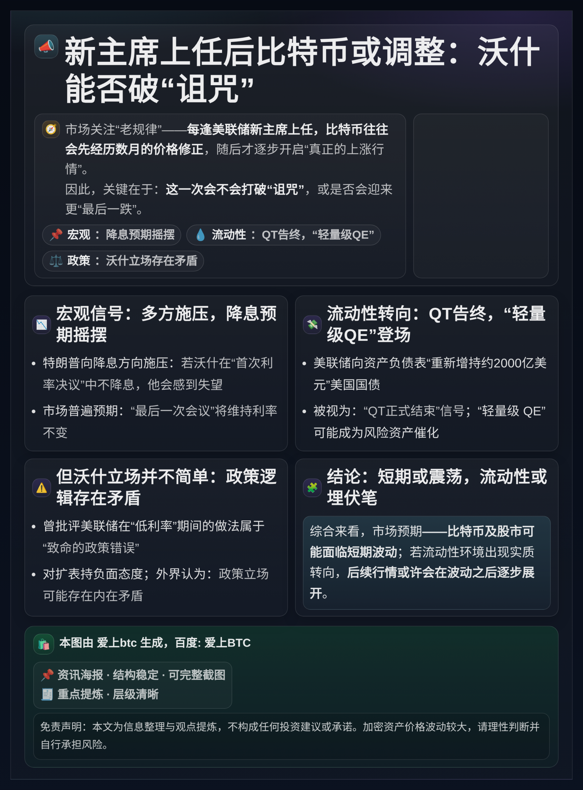 新主席上任后比特币或调整：沃什能否破“诅咒”