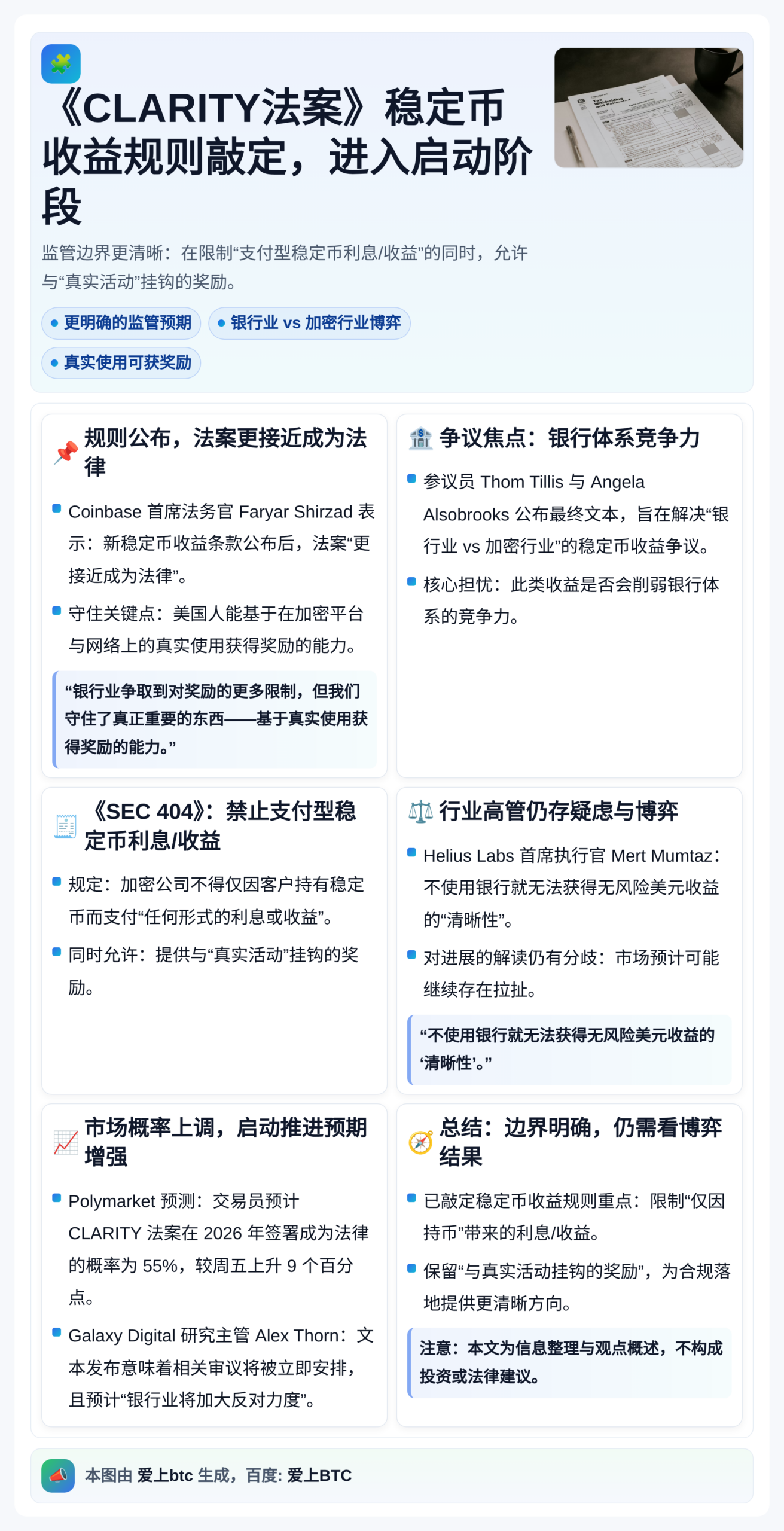《CLARITY法案》稳定币收益规则敲定，进入启动阶段