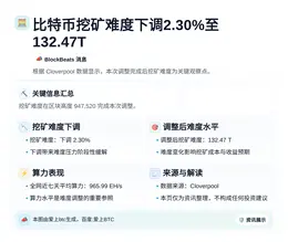 比特币挖矿难度下调2.30%至132.47T