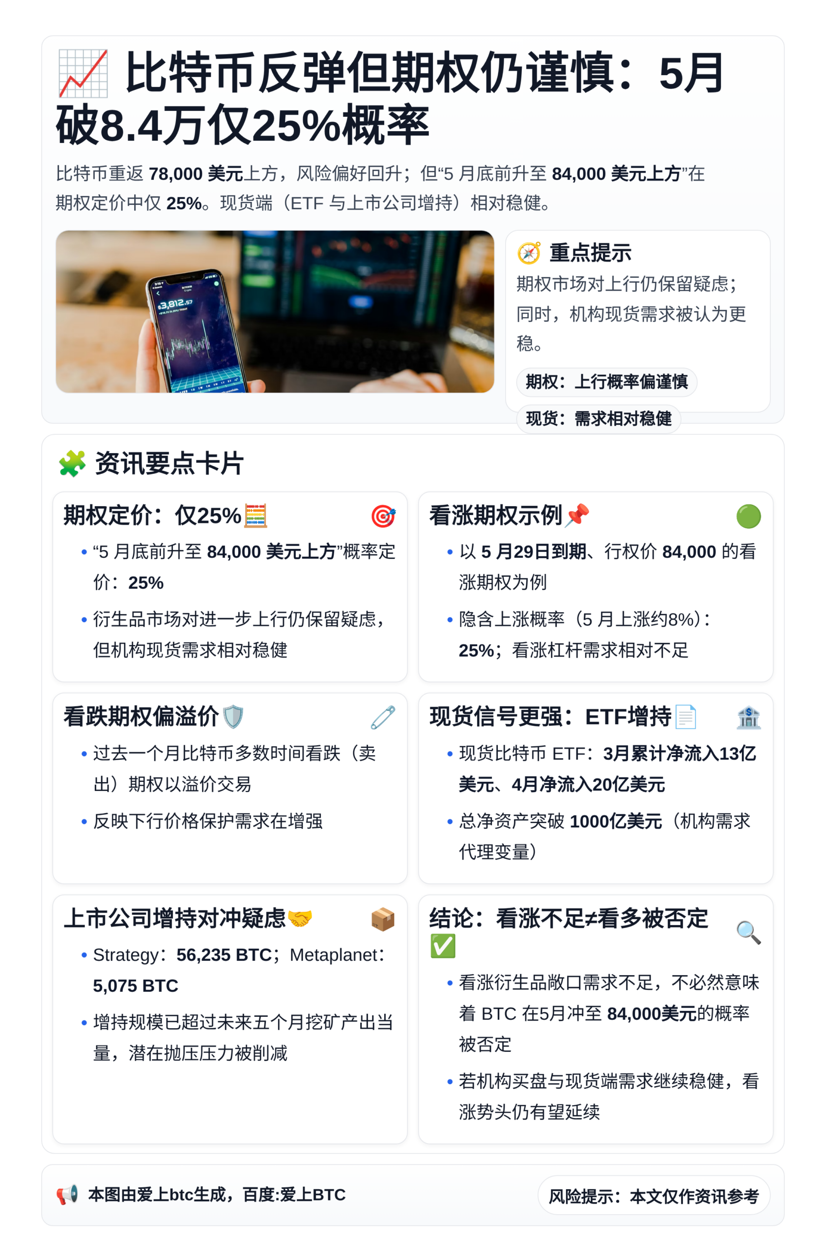 比特币反弹但期权仍谨慎：5月破8.4万仅25%概率