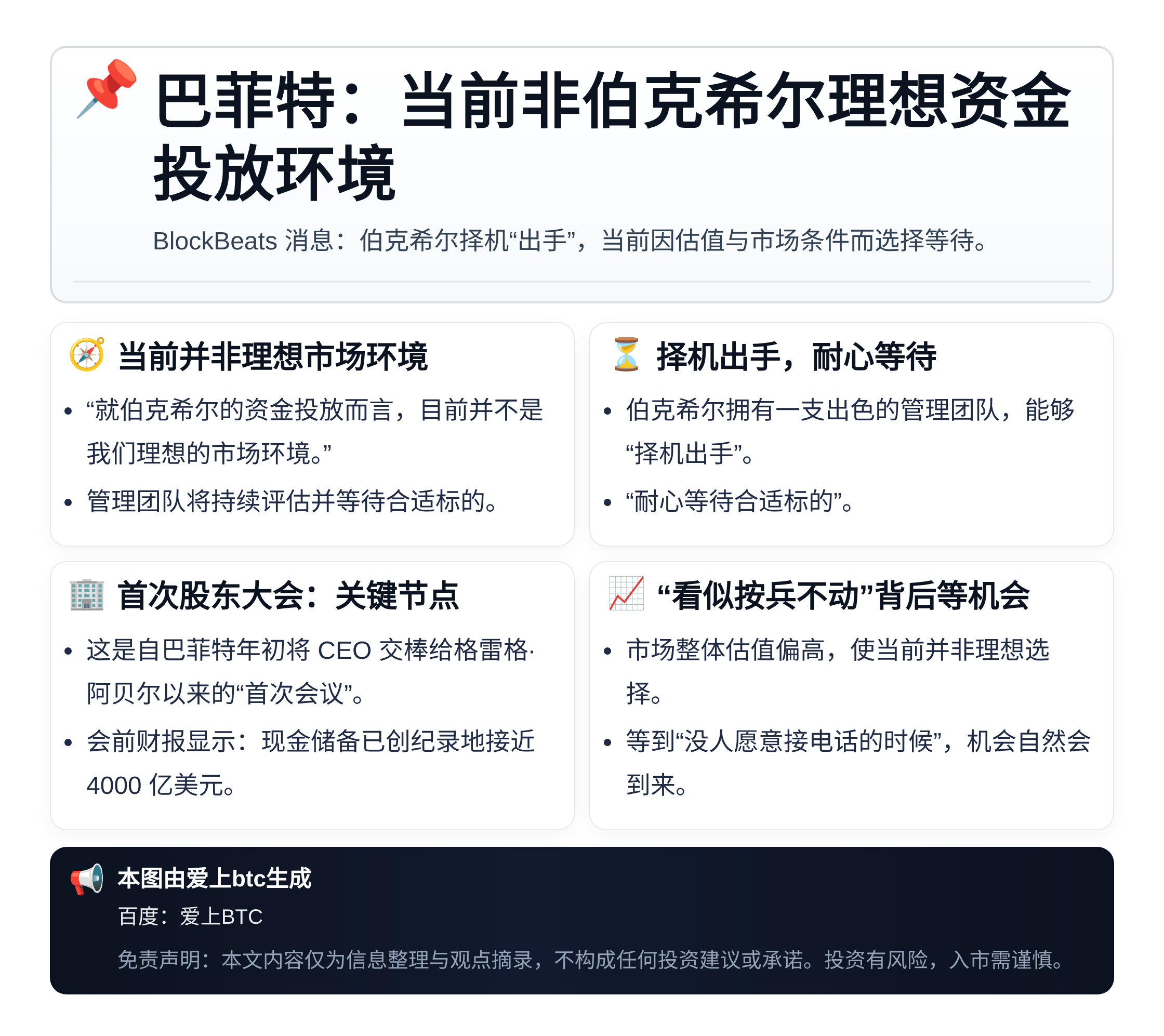 巴菲特：当前非伯克希尔理想资金投放环境