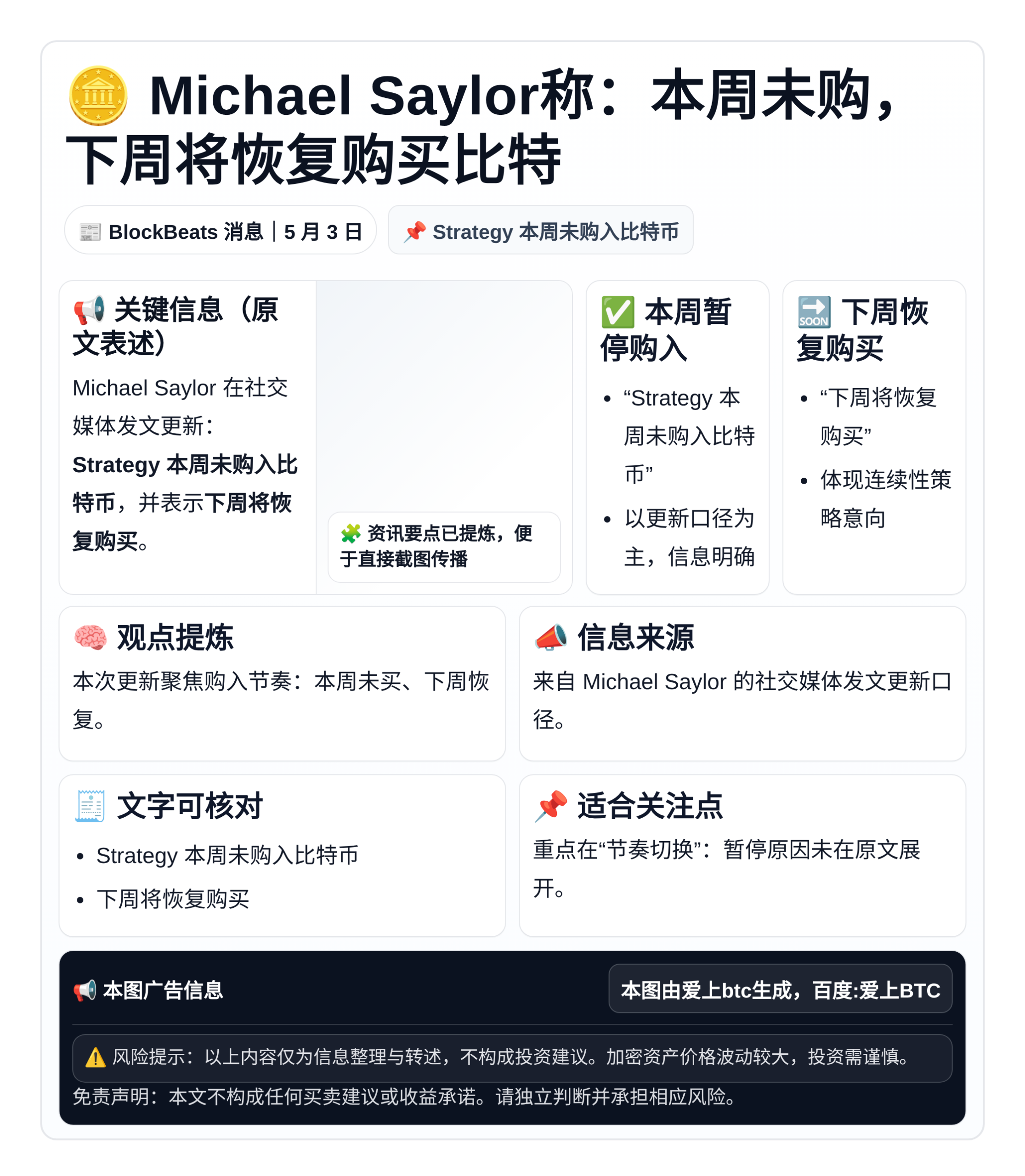 Michael Saylor称：本周未购，下周将恢复购买比特