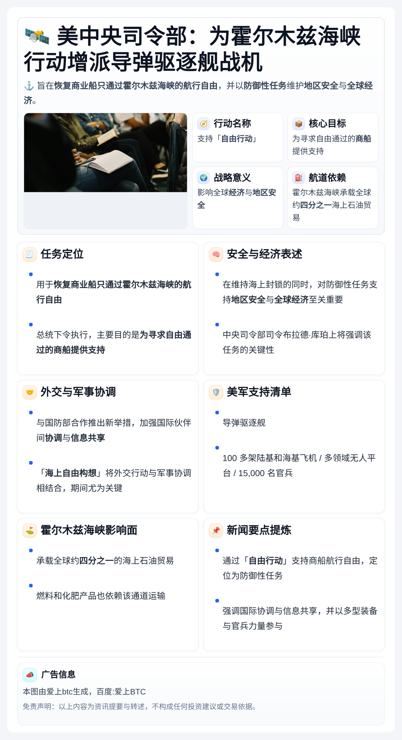 美中央司令部：为霍尔木兹海峡行动增派导弹驱逐舰战机