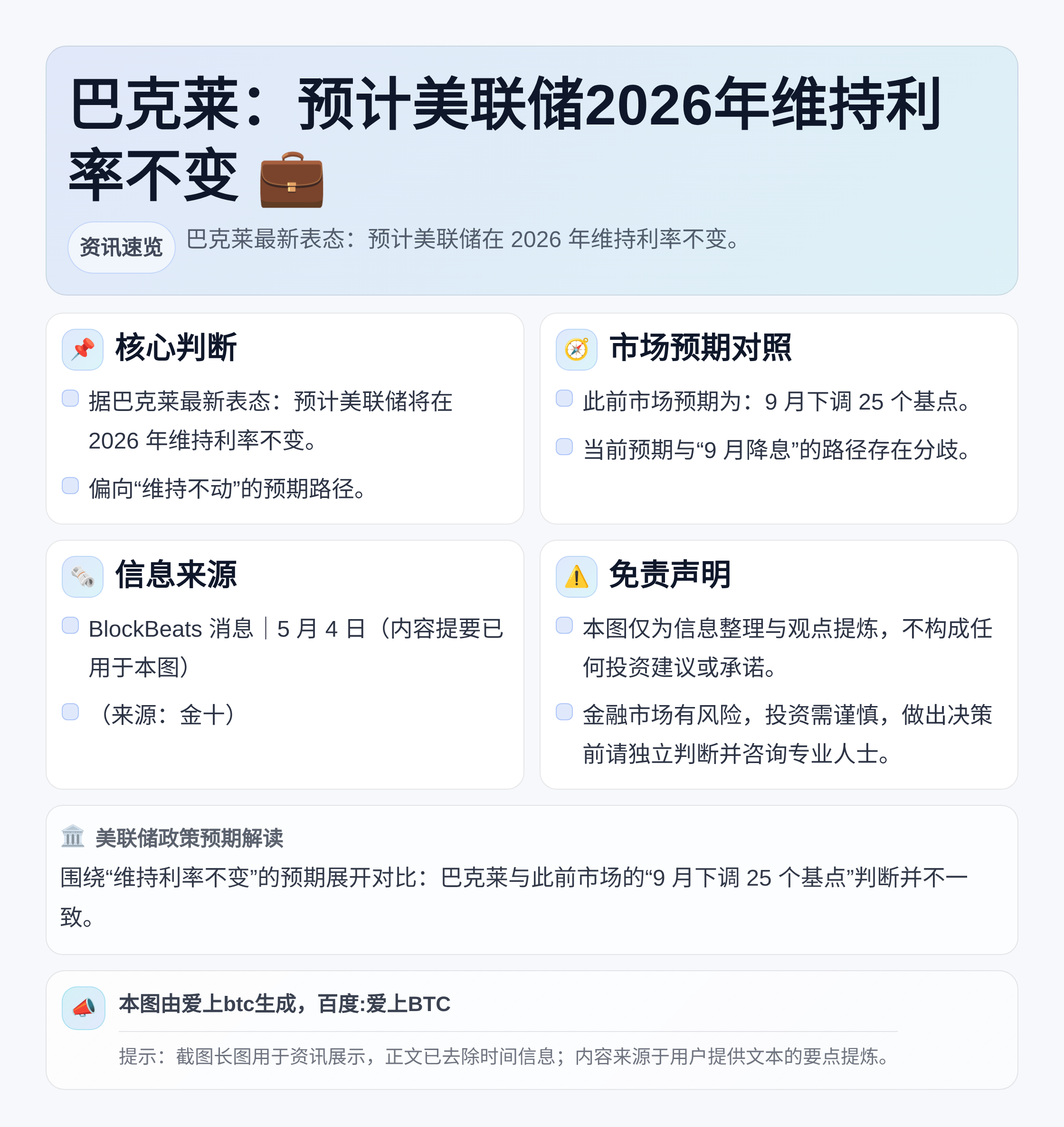巴克莱：预计美联储2026年维持利率不变