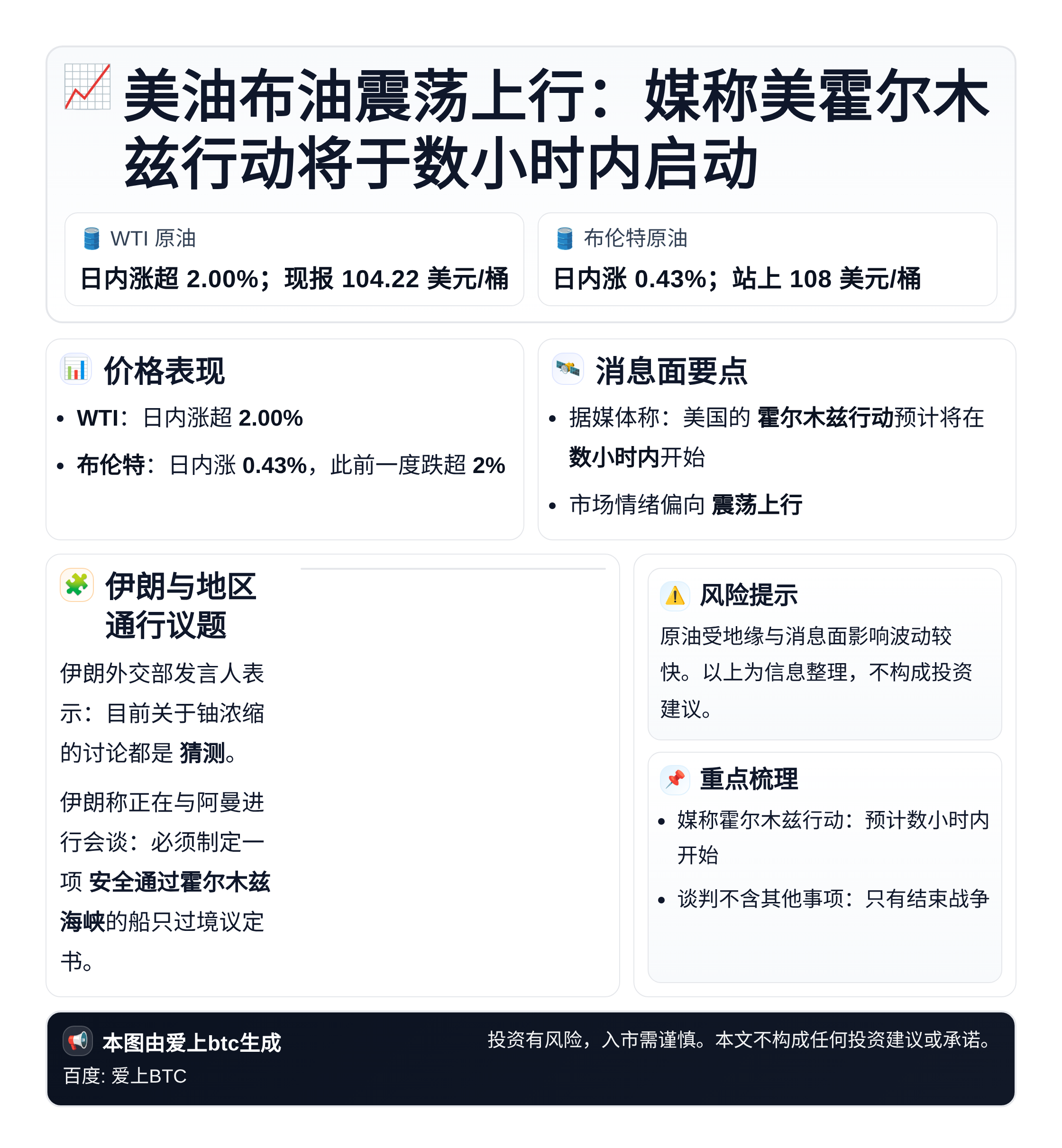 美油布油震荡上行：媒称美霍尔木兹行动将于数小时内启动