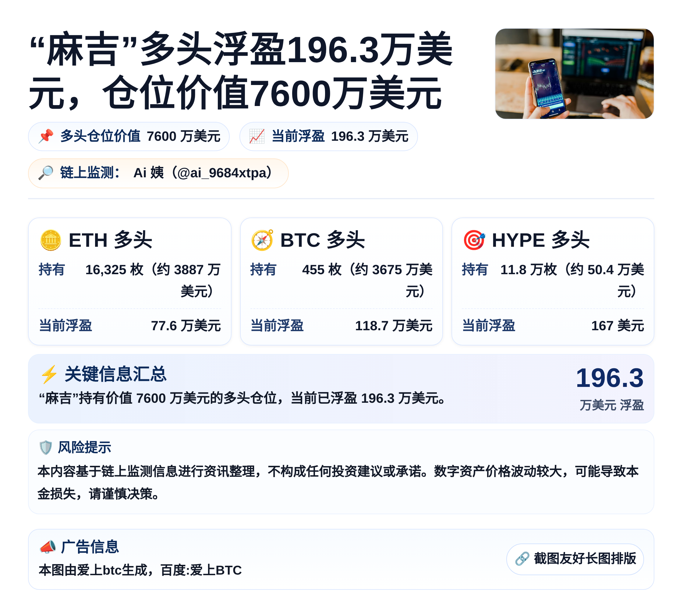 “麻吉”多头浮盈196.3万美元，仓位价值7600万美元