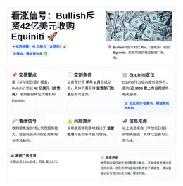 看涨信号：Bullish斥资42亿美元收购Equiniti