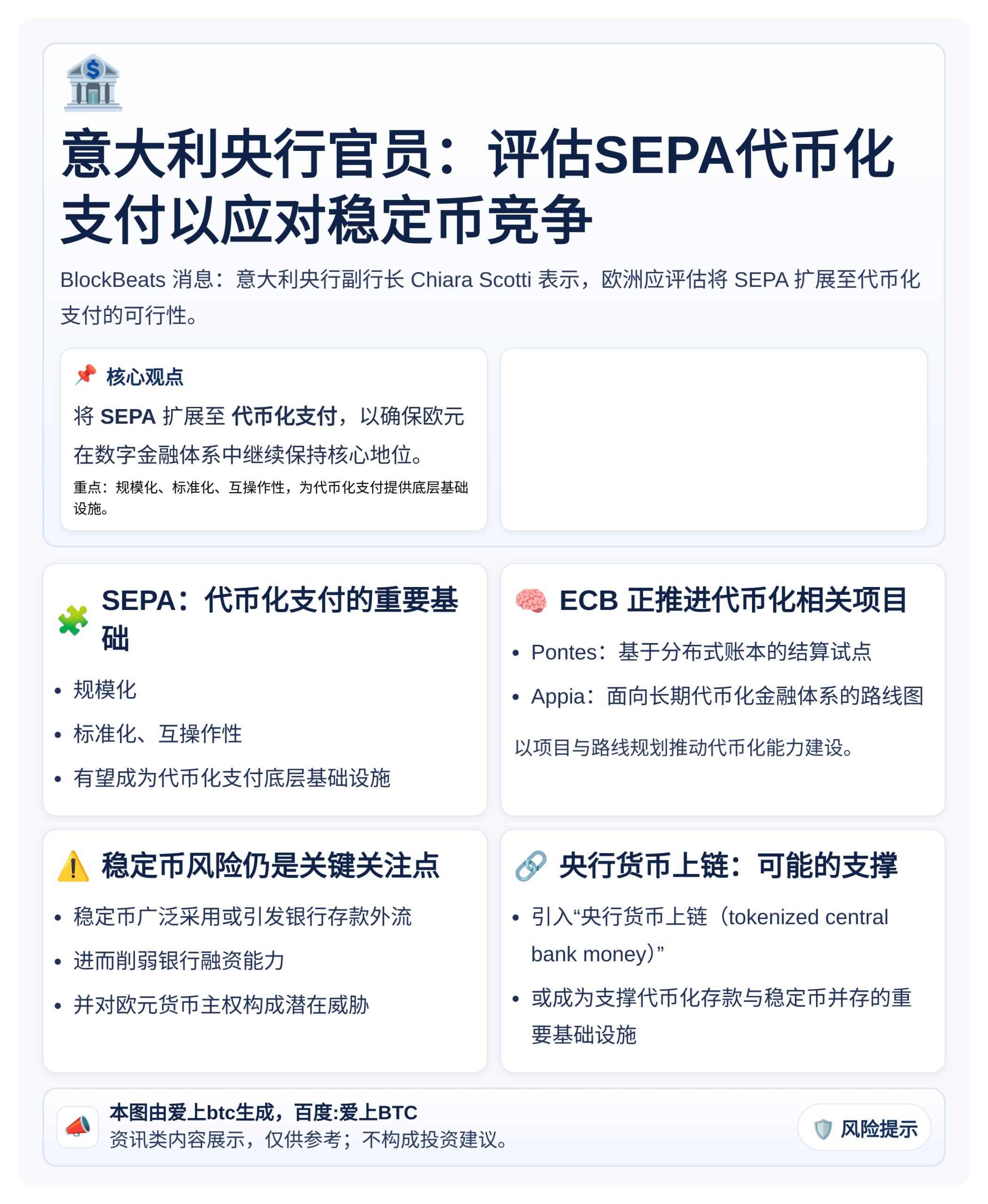 意大利央行官员：评估SEPA代币化支付以应对稳定币竞争