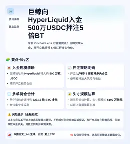 巨鲸向HyperLiquid入金500万USDC押注5倍BT
