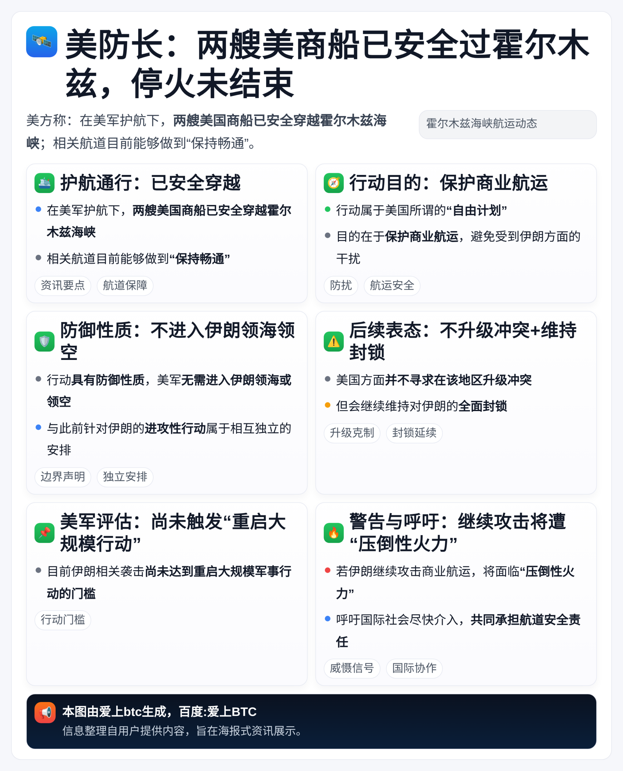 美防长：两艘美商船已安全过霍尔木兹，停火未结束