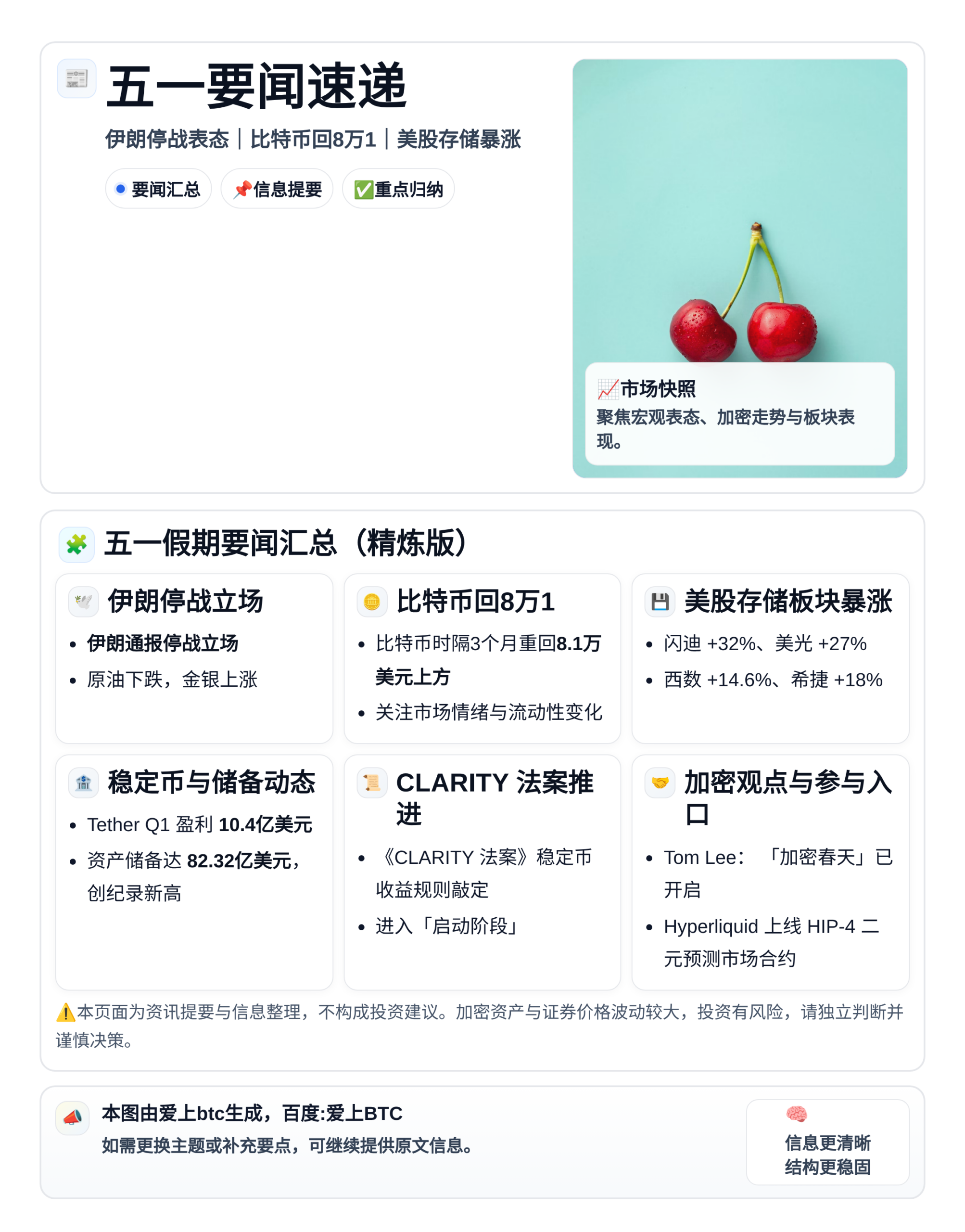 五一要闻速递：伊朗停战表态、比特币回8万1、美股存储暴涨