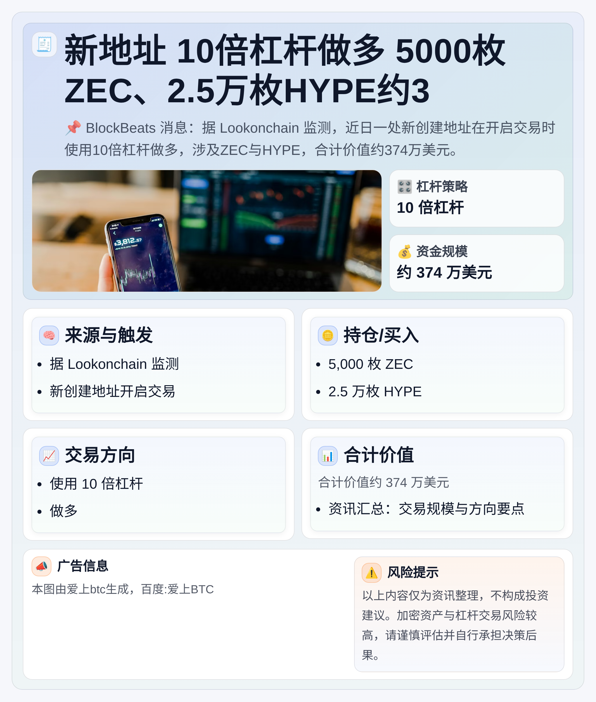 新地址10倍杠杆做多5000枚ZEC、2.5万枚HYPE约3