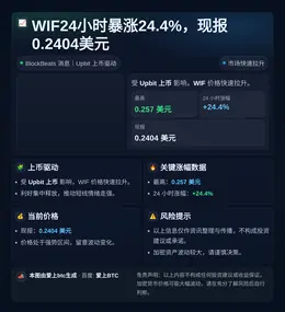 WIF24小时暴涨24.4%，现报0.2404美元
